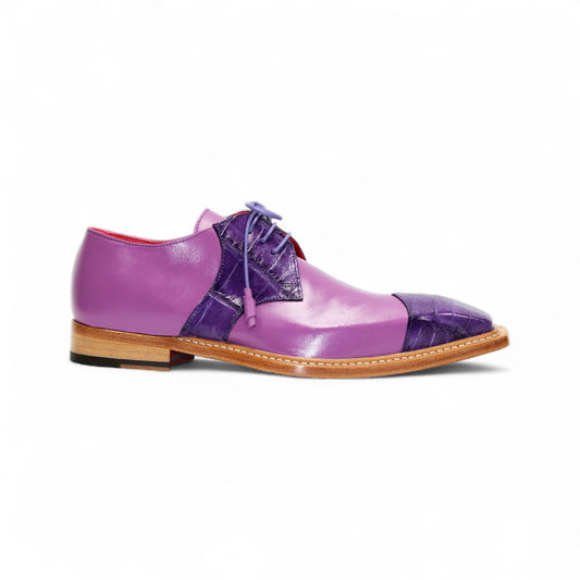 The Fennix Landon 2 Purple/Lavender by Fennix of Italy is a luxury leather shoe with a wooden sole, smooth and textured panels in purple and lavender, purple laces, and crafted with exquisite Italian artistry.