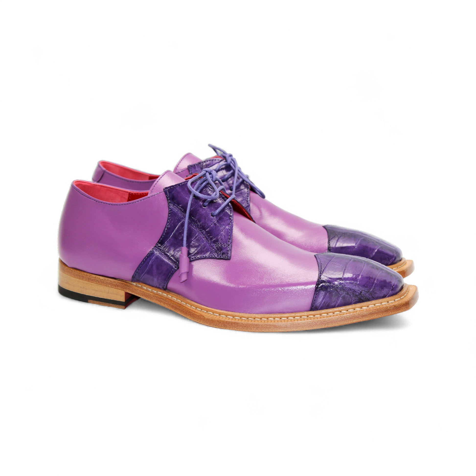 The Fennix Landon 2 Purple/Lavender by Fennix of Italy is a luxury leather shoe with a wooden sole, smooth and textured panels in purple and lavender, purple laces, and crafted with exquisite Italian artistry.