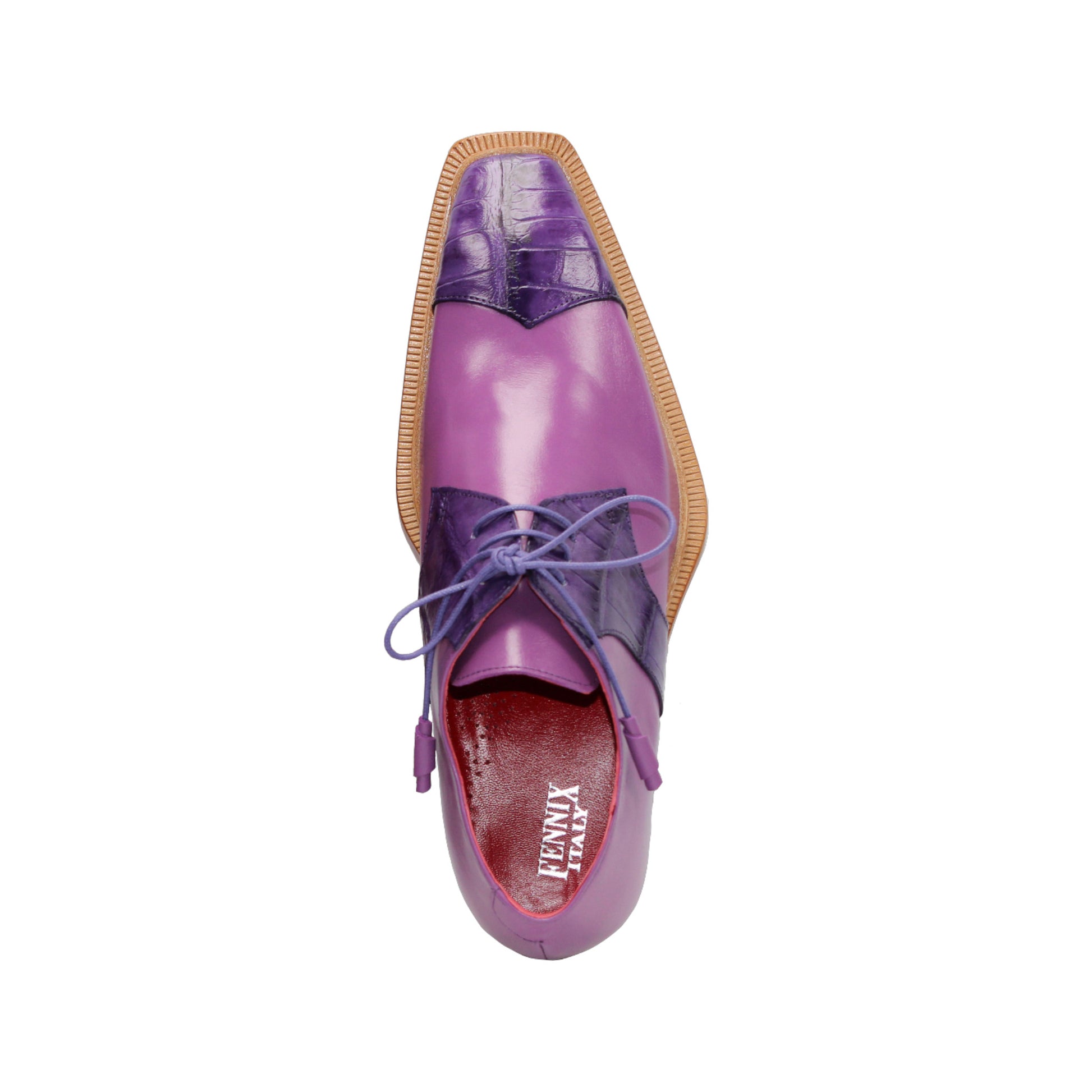 The Fennix Landon 2 Purple/Lavender by Fennix of Italy is a luxury leather shoe with a wooden sole, smooth and textured panels in purple and lavender, purple laces, and crafted with exquisite Italian artistry.
