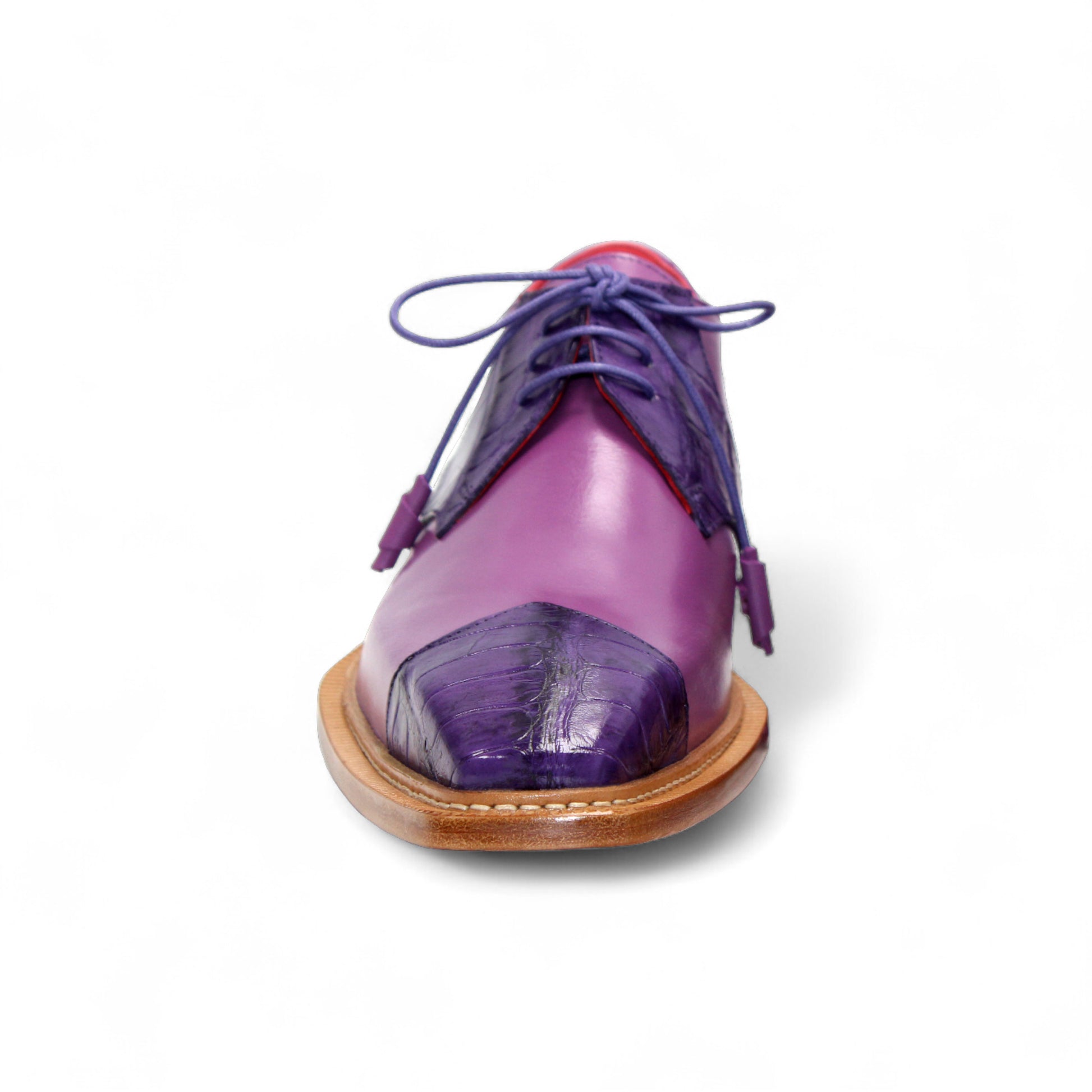 The Fennix Landon 2 Purple/Lavender by Fennix of Italy is a luxury leather shoe with a wooden sole, smooth and textured panels in purple and lavender, purple laces, and crafted with exquisite Italian artistry.