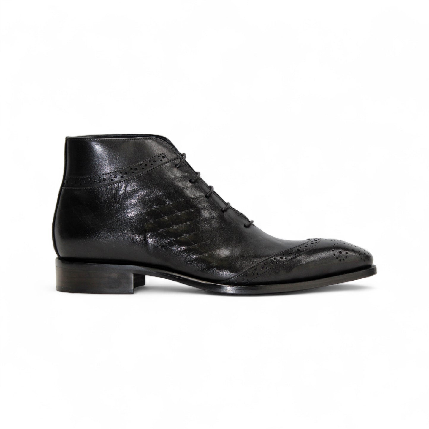 The Duca Di Matiste Duca Lauro Black is an Italian leather dress boot with laces, brogue toe detailing, and a low heel, showcased against a plain white background.