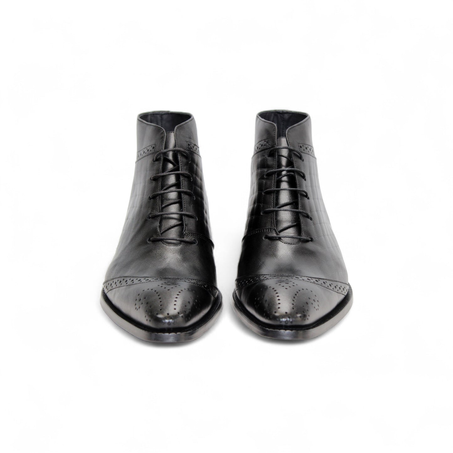 The Duca Di Matiste Duca Lauro Black is an Italian leather dress boot with laces, brogue toe detailing, and a low heel, showcased against a plain white background.