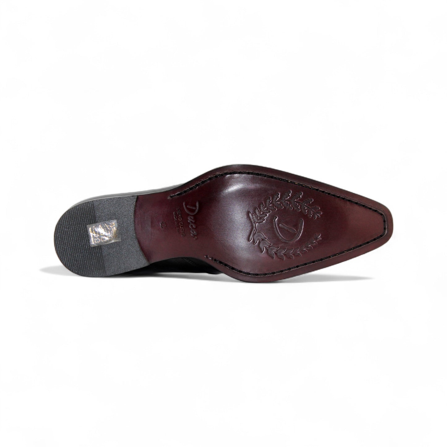 The Duca Di Matiste Duca Lauro Black is an Italian leather dress boot with laces, brogue toe detailing, and a low heel, showcased against a plain white background.