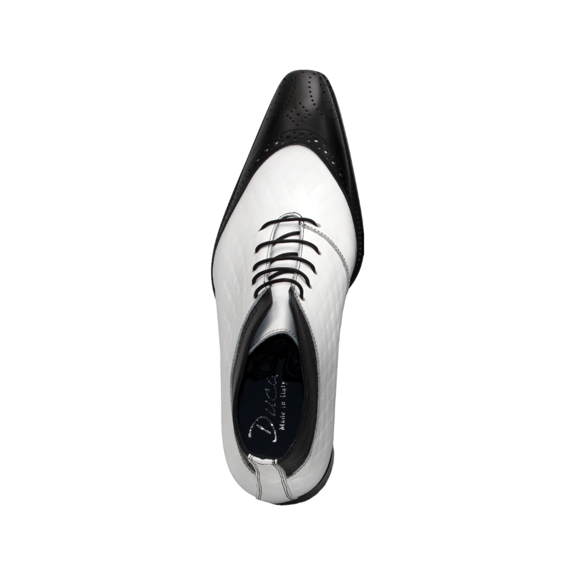 The Duca Di Matiste Duca Lauro Black/White is an Italian leather lace-up dress shoe in black and white, featuring a low heel and decorative perforations on the toe and seams, shown against a white background.