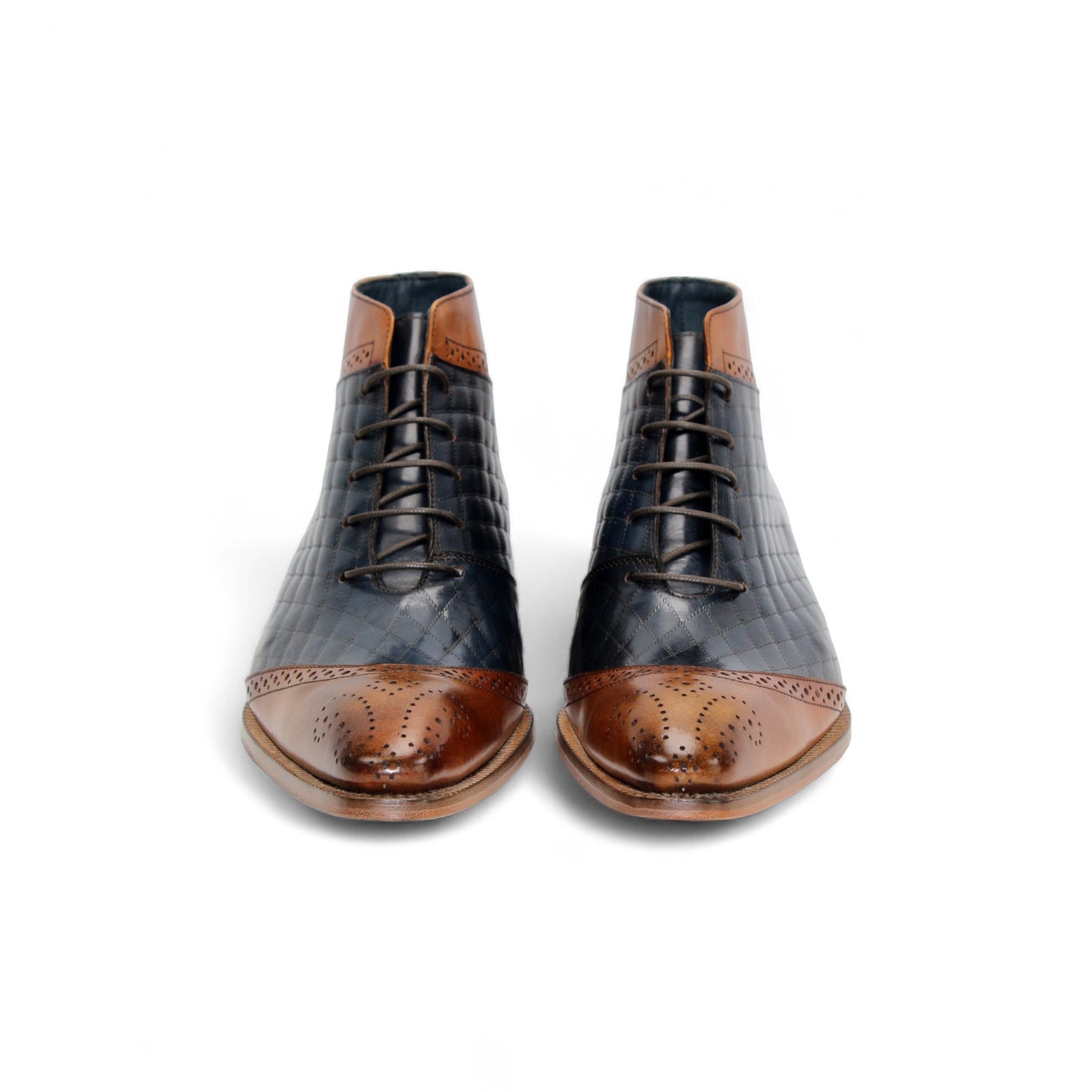 The Duca Lauro Cognac/Navy by Duca Di Matiste is a men's dress shoe featuring a black quilted leather body, brown leather trims, lace-up closure, and wooden sole—crafted in the refined tradition of Italian shoemaking.