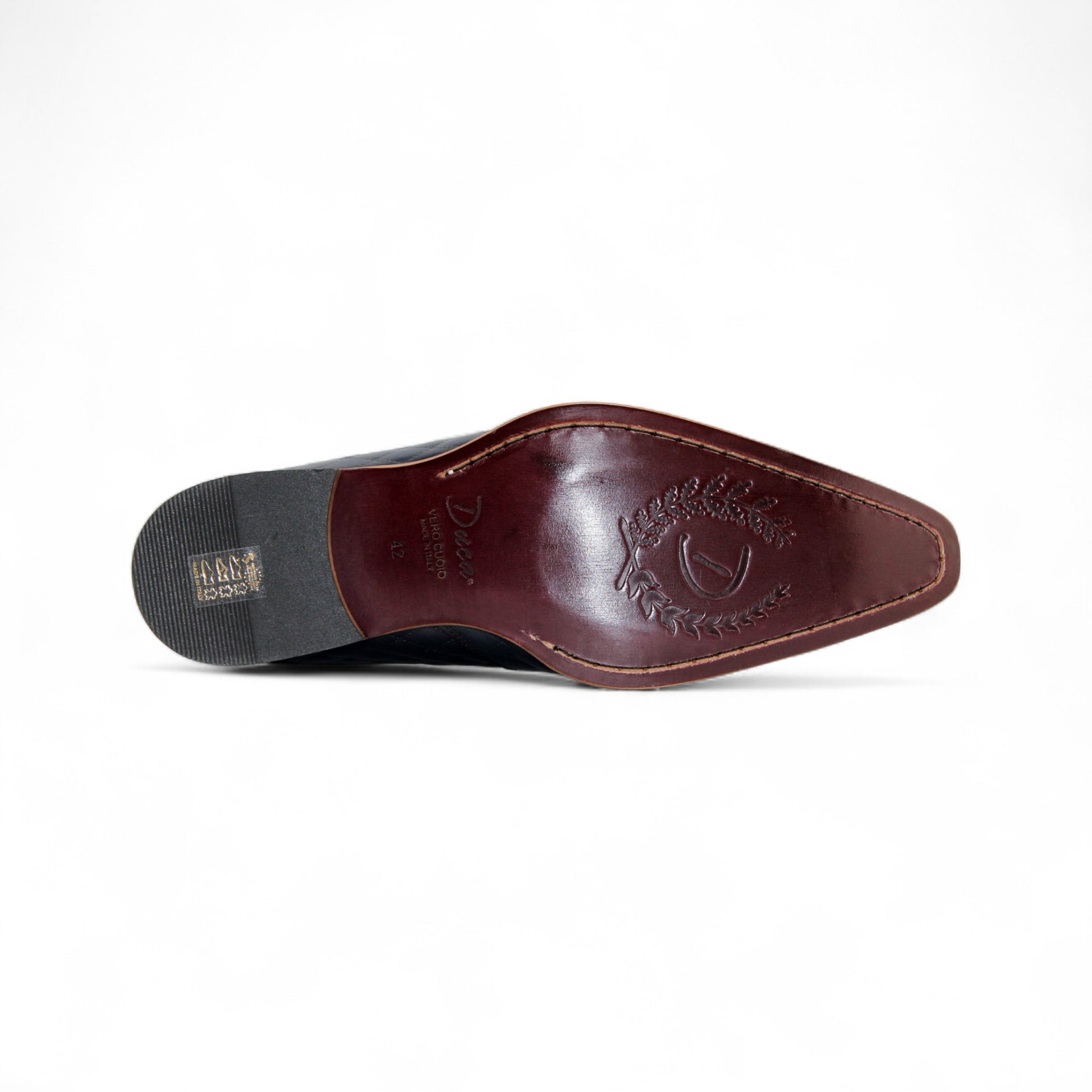 The Duca Lauro Cognac/Navy by Duca Di Matiste is a men's dress shoe featuring a black quilted leather body, brown leather trims, lace-up closure, and wooden sole—crafted in the refined tradition of Italian shoemaking.