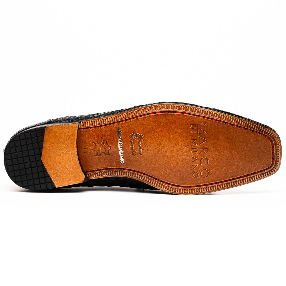 A pair of Marco Di Milano Leonardo Black luxury derby shoes in genuine caiman crocodile leather—one shoe upright, the other showing the tan sole with "Marco di Milano" text.