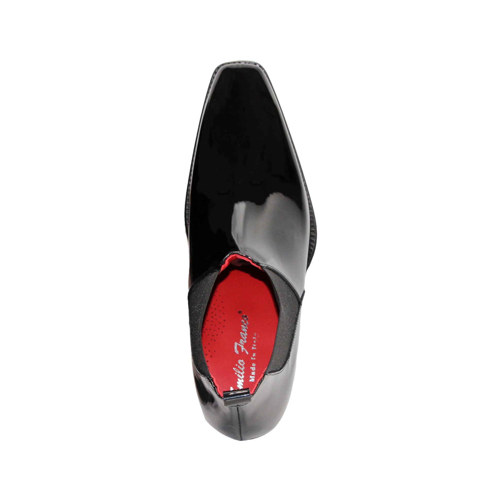 The Emilio Franco Leonardo Black is a polished Italian patent leather Chelsea boot with an elastic side panel and low heel, shown in profile against a white background—classic elegance from Emilio Franco.