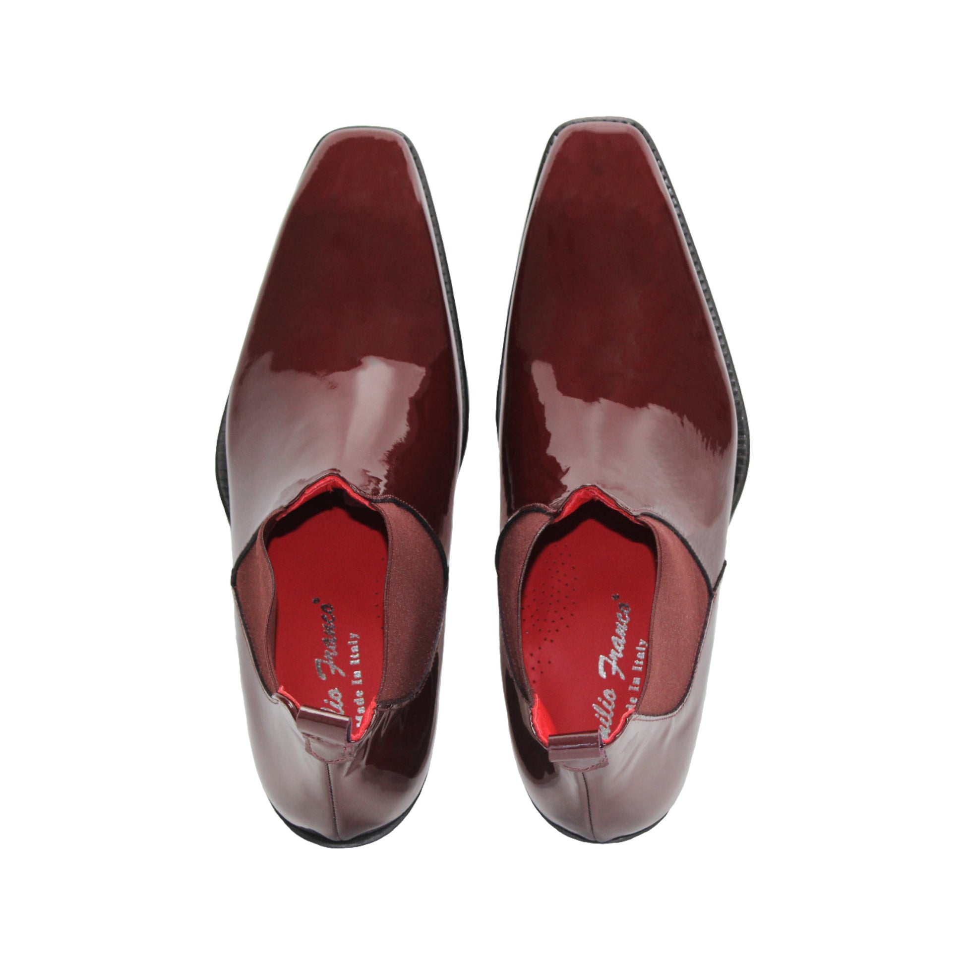 The Emilio Franco Leonardo Burgundy is a shiny Chelsea boot with Italian craftsmanship, a low black heel, and elastic side panels, photographed on a white background.