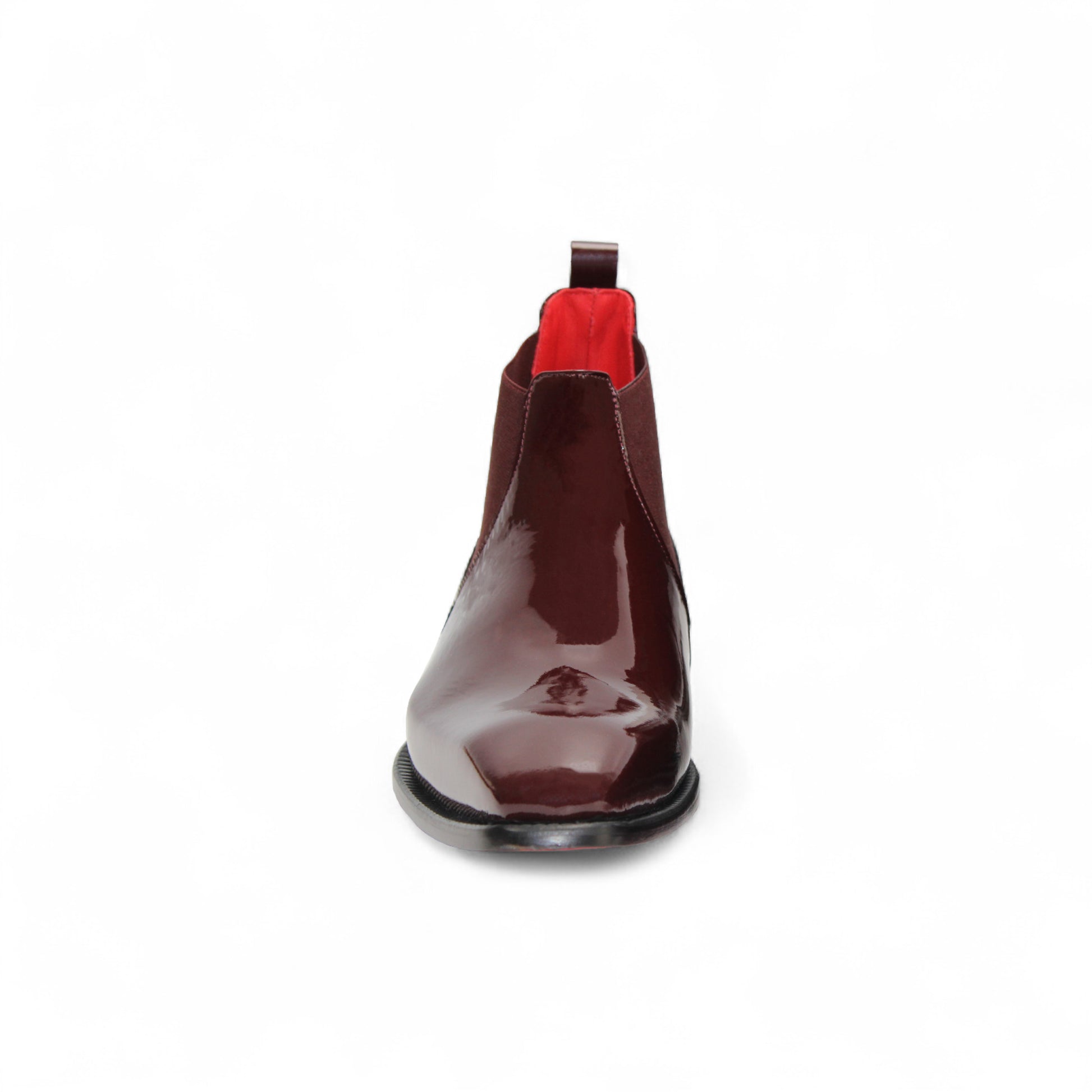 The Emilio Franco Leonardo Burgundy is a shiny Chelsea boot with Italian craftsmanship, a low black heel, and elastic side panels, photographed on a white background.