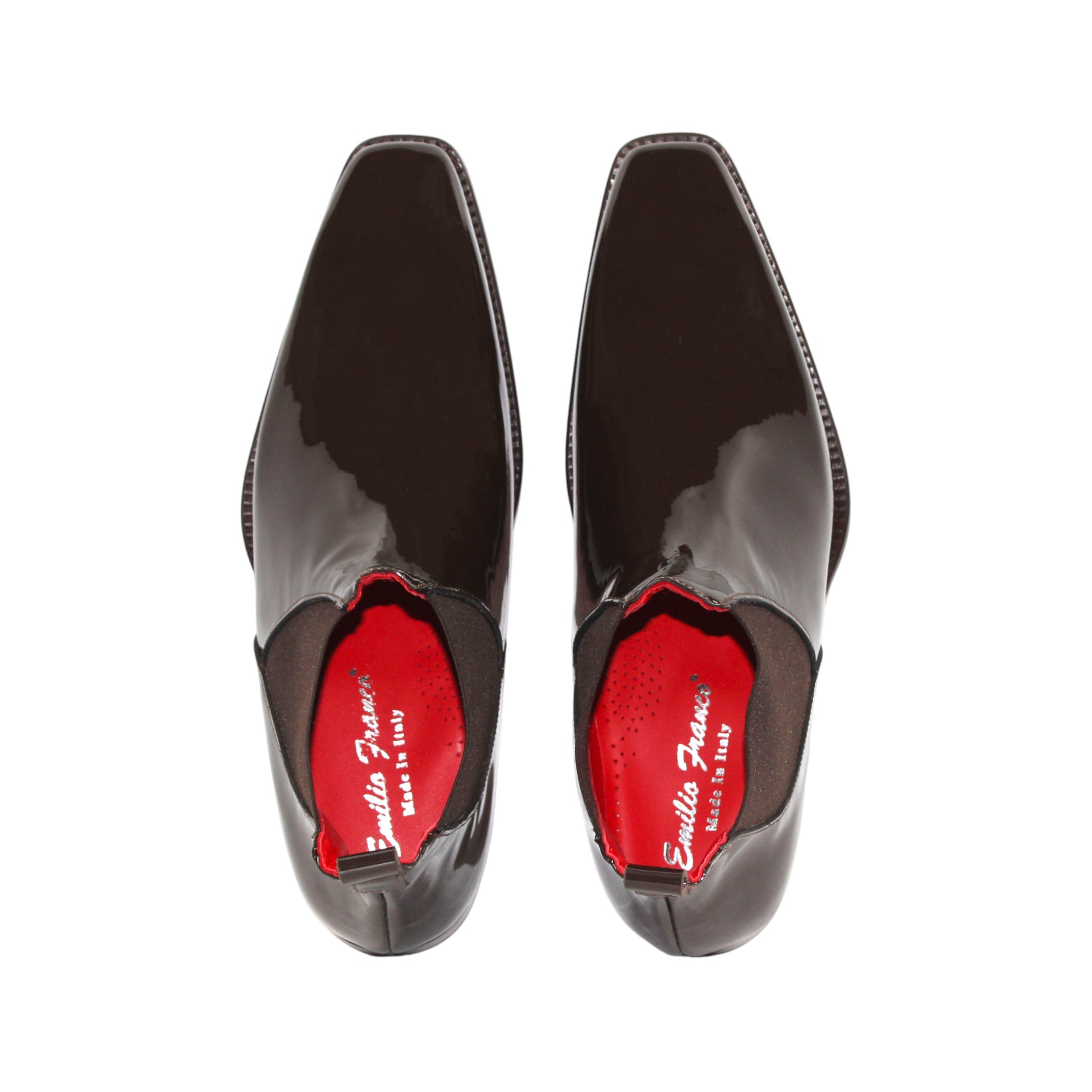 The Emilio Franco Leonardo Chocolate, a brown glossy Chelsea boot by Emilio Franco, showcases Italian craftsmanship with elastic side panels, a heel pull tab, and a low wooden heel, presented in side profile on a white background.