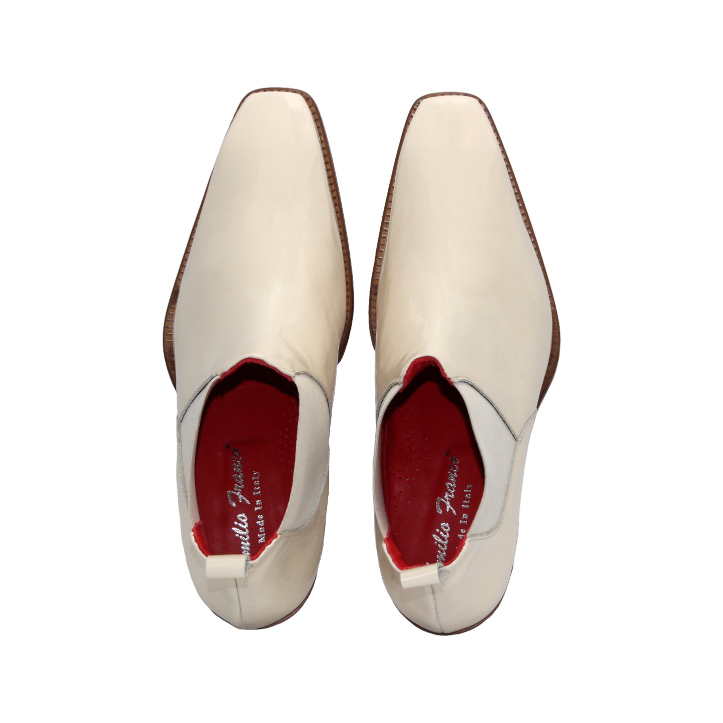 The Emilio Franco Leonardo Cream is a cream leather Chelsea boot with a low wooden heel, elastic side panel, and back pull tab, highlighting Italian craftsmanship. Shown in profile on a white background.