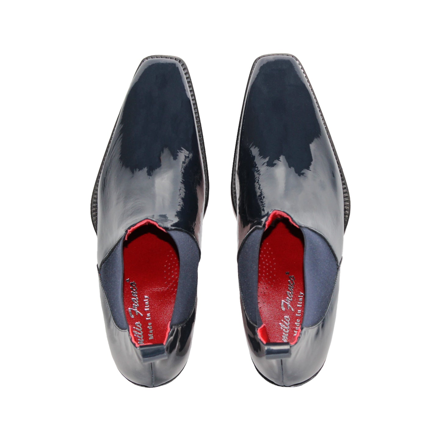 The Emilio Franco Leonardo Navy is a sleek Chelsea boot in navy Italian patent leather with an elastic side panel, low heel, leather sole, and pull tab, displayed in profile against a plain white background.