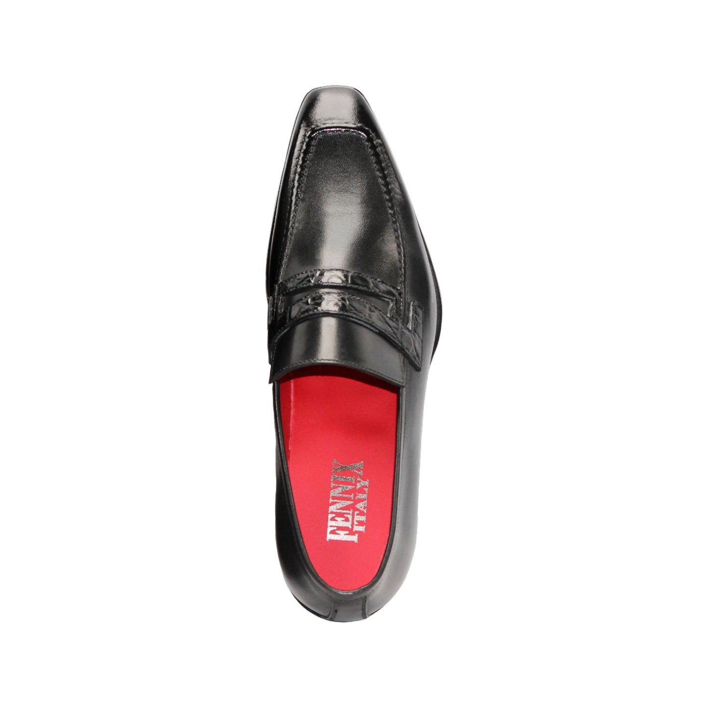 The Fennix Liam Black by Fennix of Italy is a black leather loafer with a low heel and red interior lining, showcasing Italian craftsmanship, displayed in side profile on a white background.