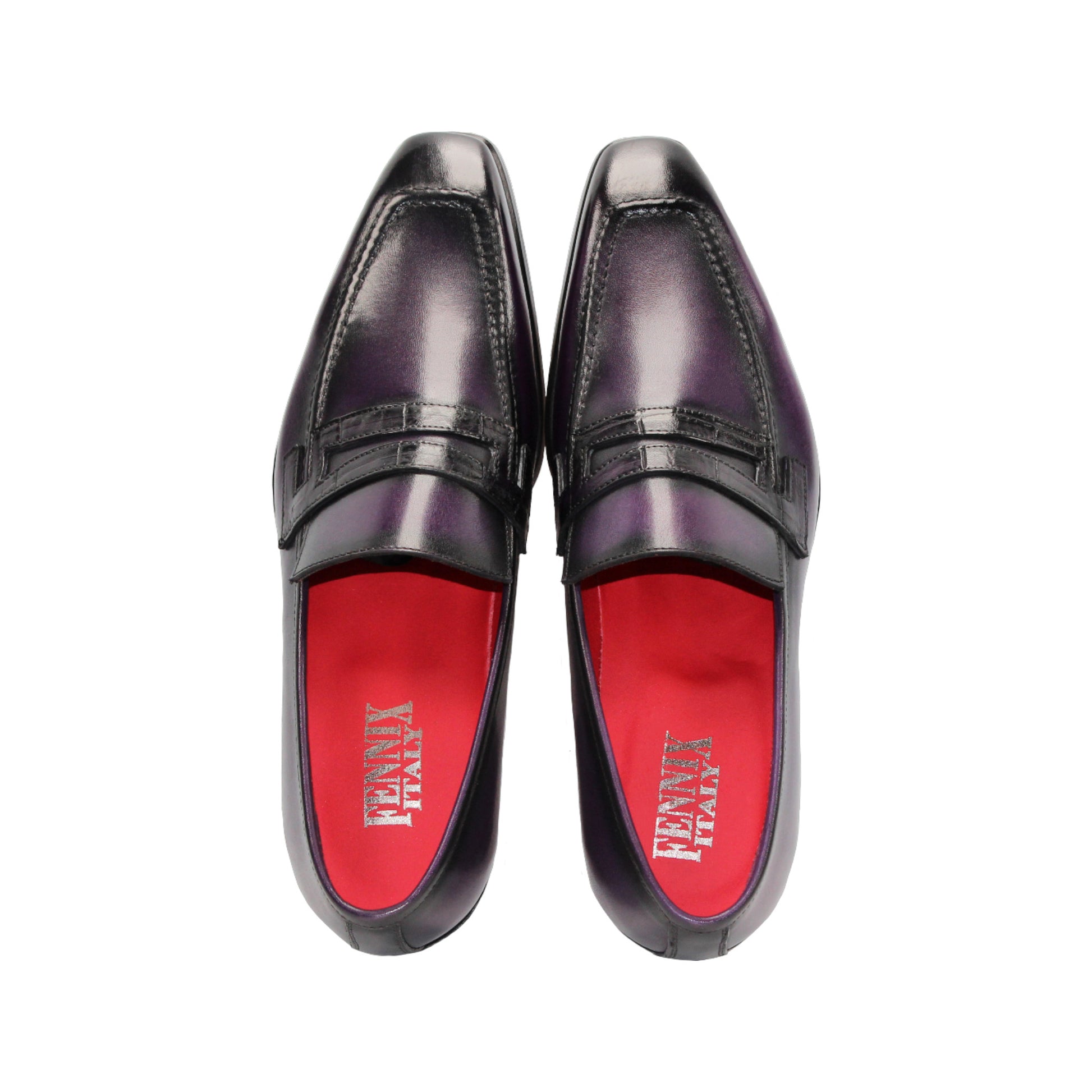 The Fennix of Italy Fennix Liam Purple is a purple leather loafer with a low heel, penny strap, and leather sole crafted in Italy, displayed in profile on a white background.