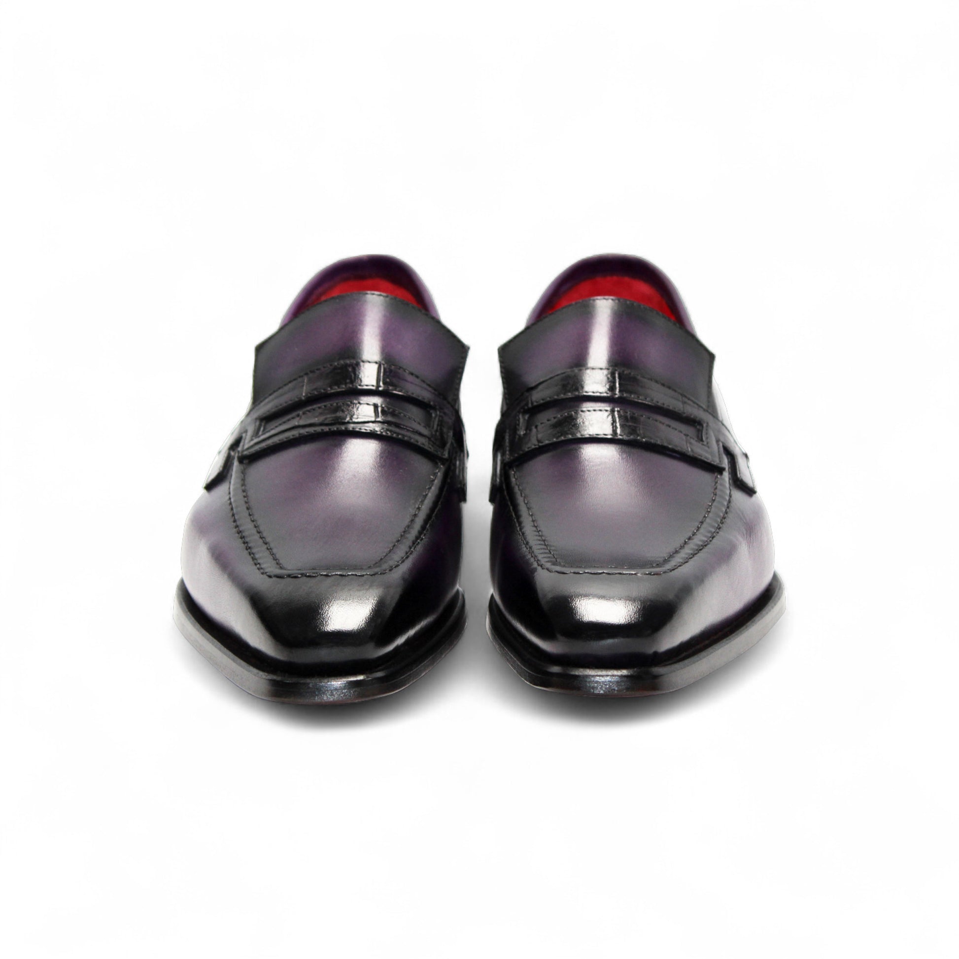 The Fennix of Italy Fennix Liam Purple is a purple leather loafer with a low heel, penny strap, and leather sole crafted in Italy, displayed in profile on a white background.