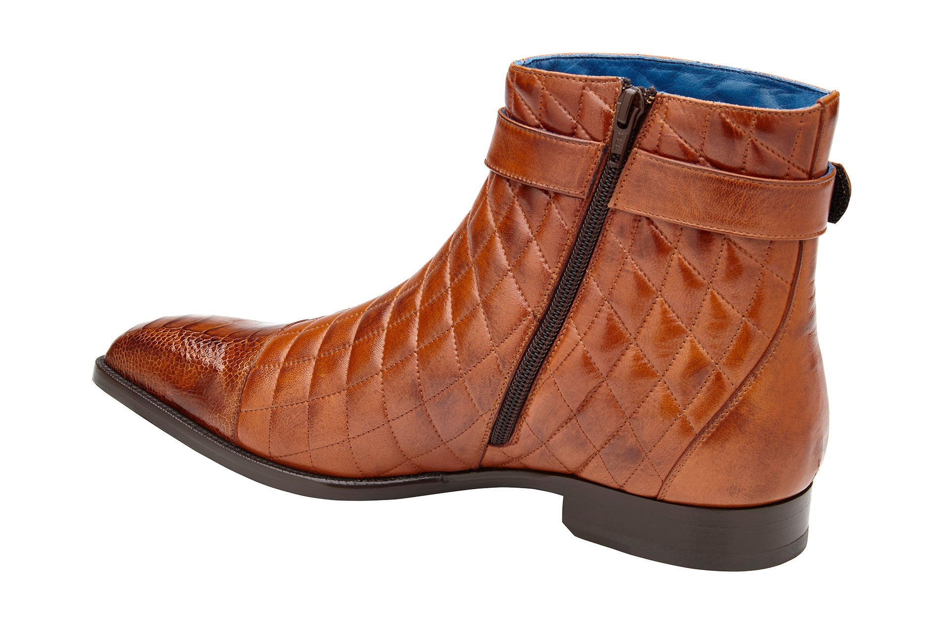 The BELVEDERE Belvedere - Libero boots in Ant. Almond feature genuine ostrich leg and quilted leather with a diamond pattern, side buckle strap, and low black heel, adding modern flair to classic quilted boots.