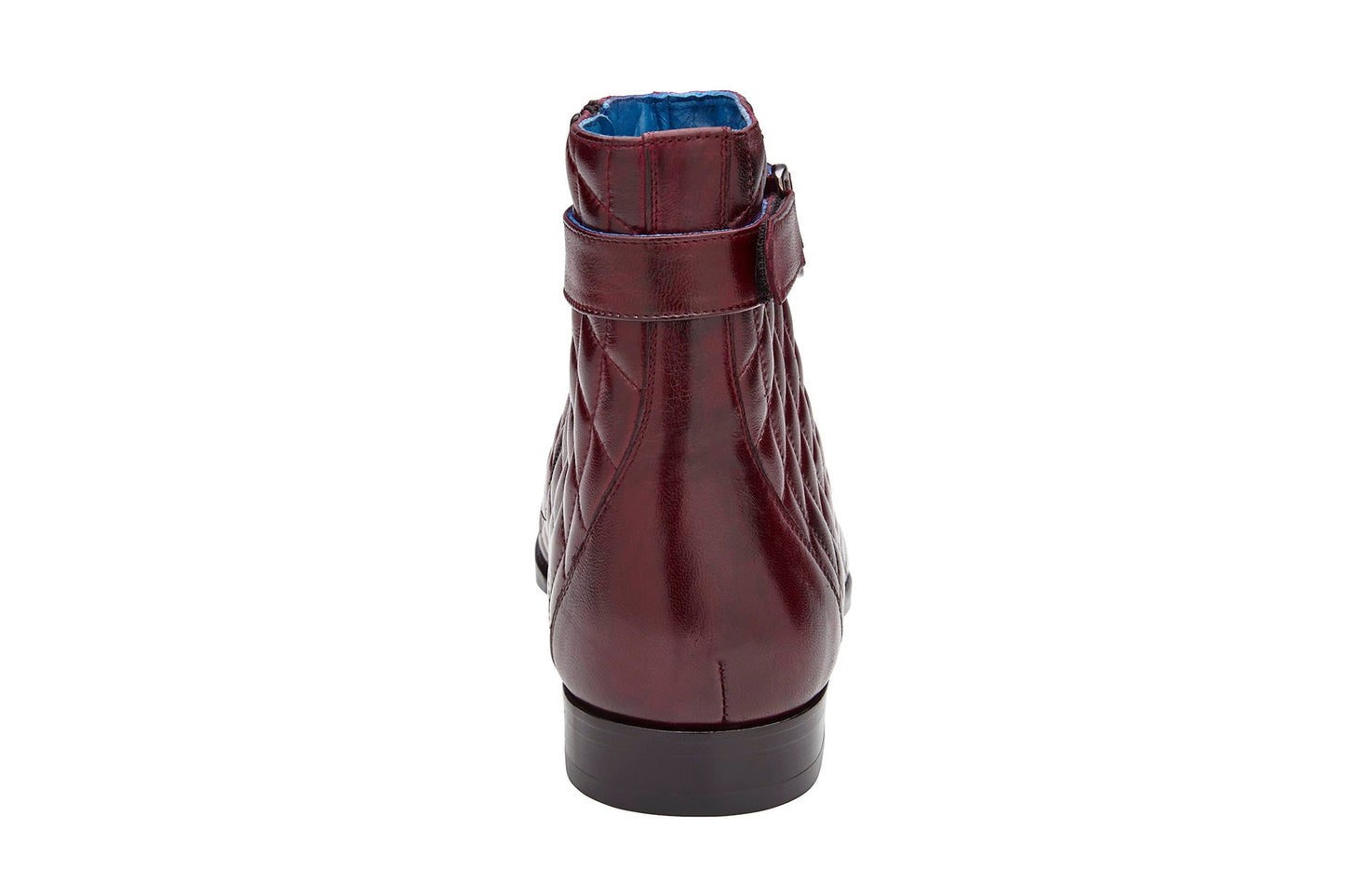 BELVEDERE Belvedere - Libero R80 boots in antique dark burgundy feature genuine ostrich leg and quilted leather, diamond pattern, ankle strap with metal buckle, flat heel, and premium leather sole. Displayed on a white background.