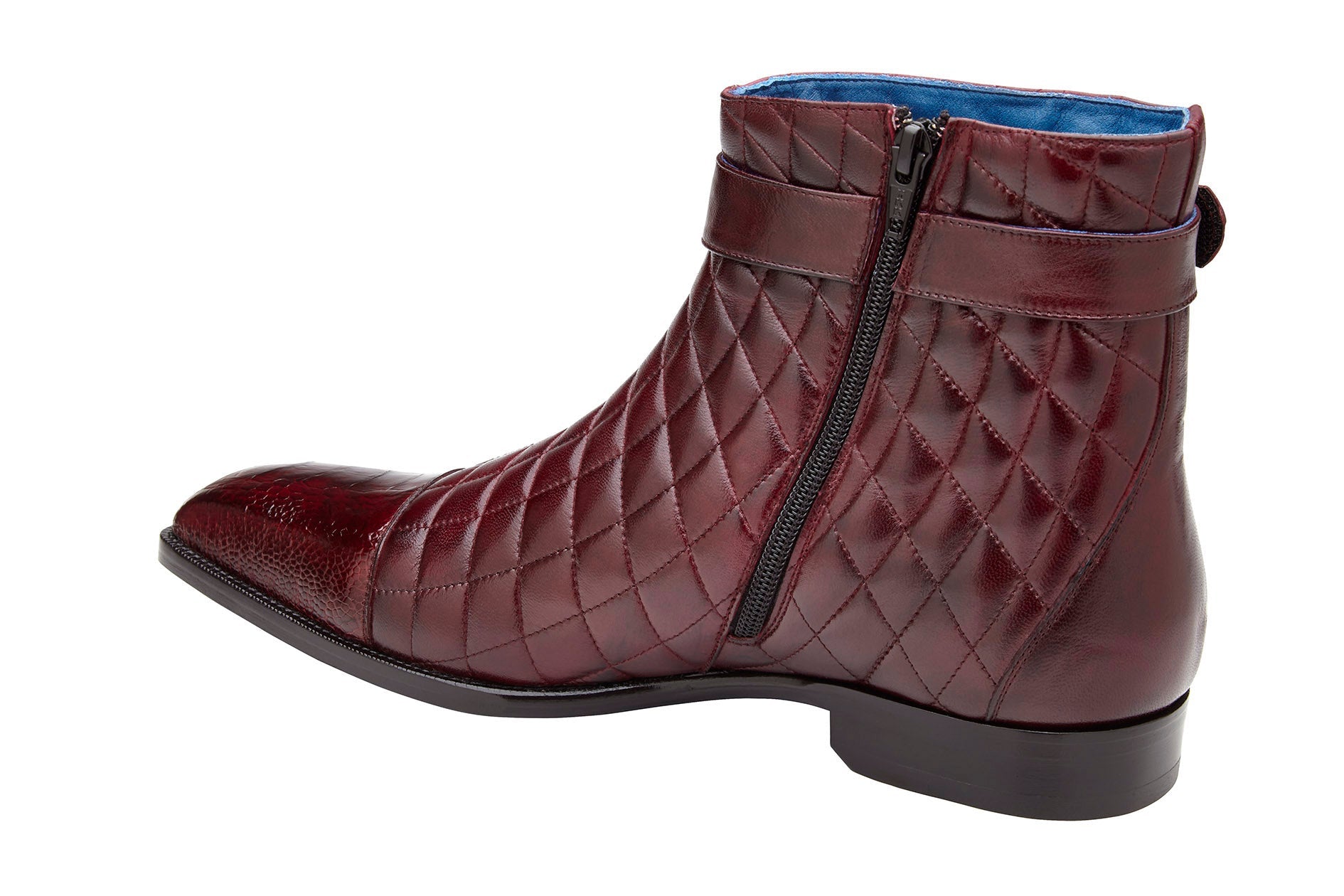 BELVEDERE Belvedere - Libero R80 boots in antique dark burgundy feature genuine ostrich leg and quilted leather, diamond pattern, ankle strap with metal buckle, flat heel, and premium leather sole. Displayed on a white background.
