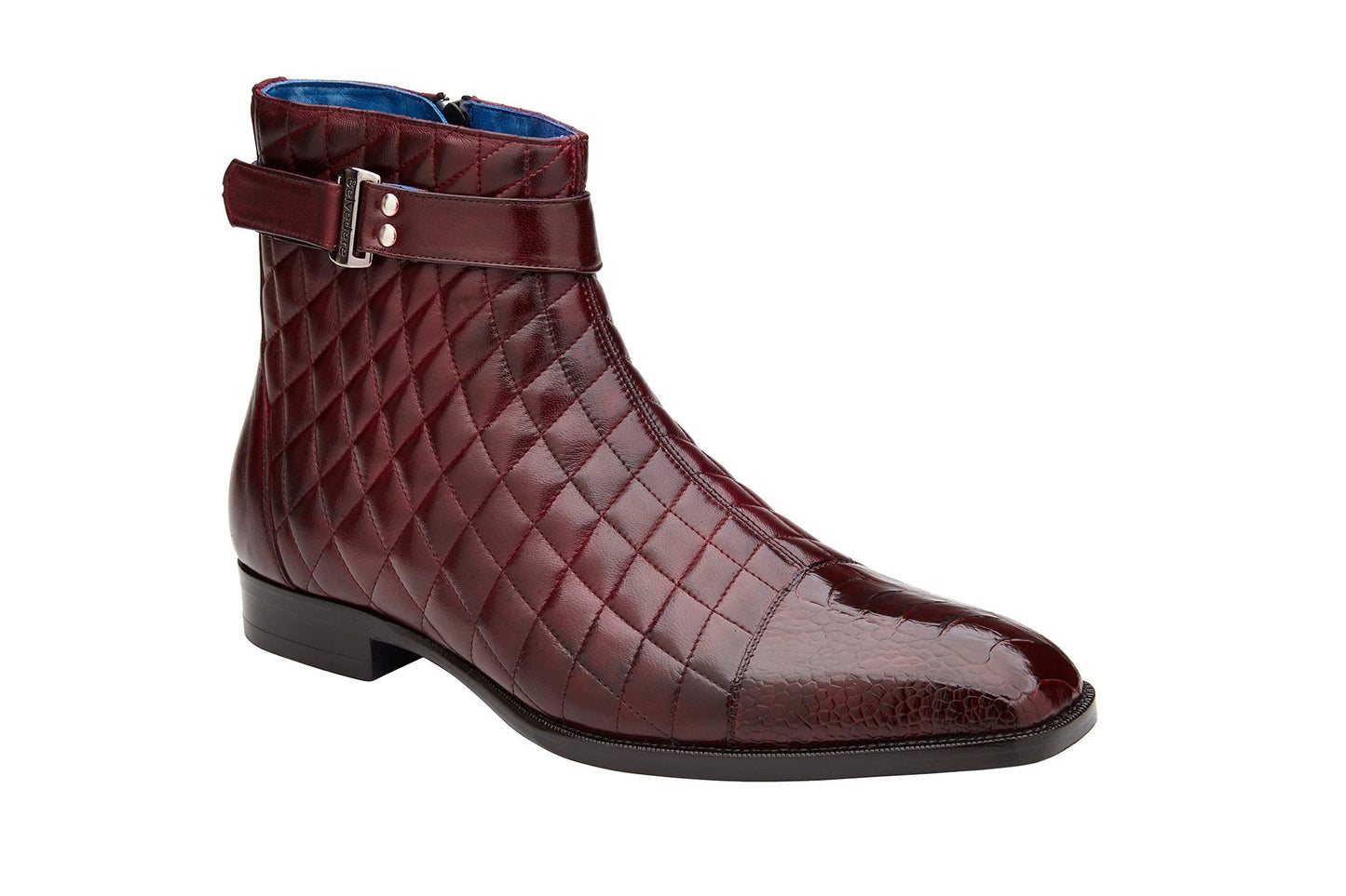 BELVEDERE Belvedere - Libero R80 boots in antique dark burgundy feature genuine ostrich leg and quilted leather, diamond pattern, ankle strap with metal buckle, flat heel, and premium leather sole. Displayed on a white background.
