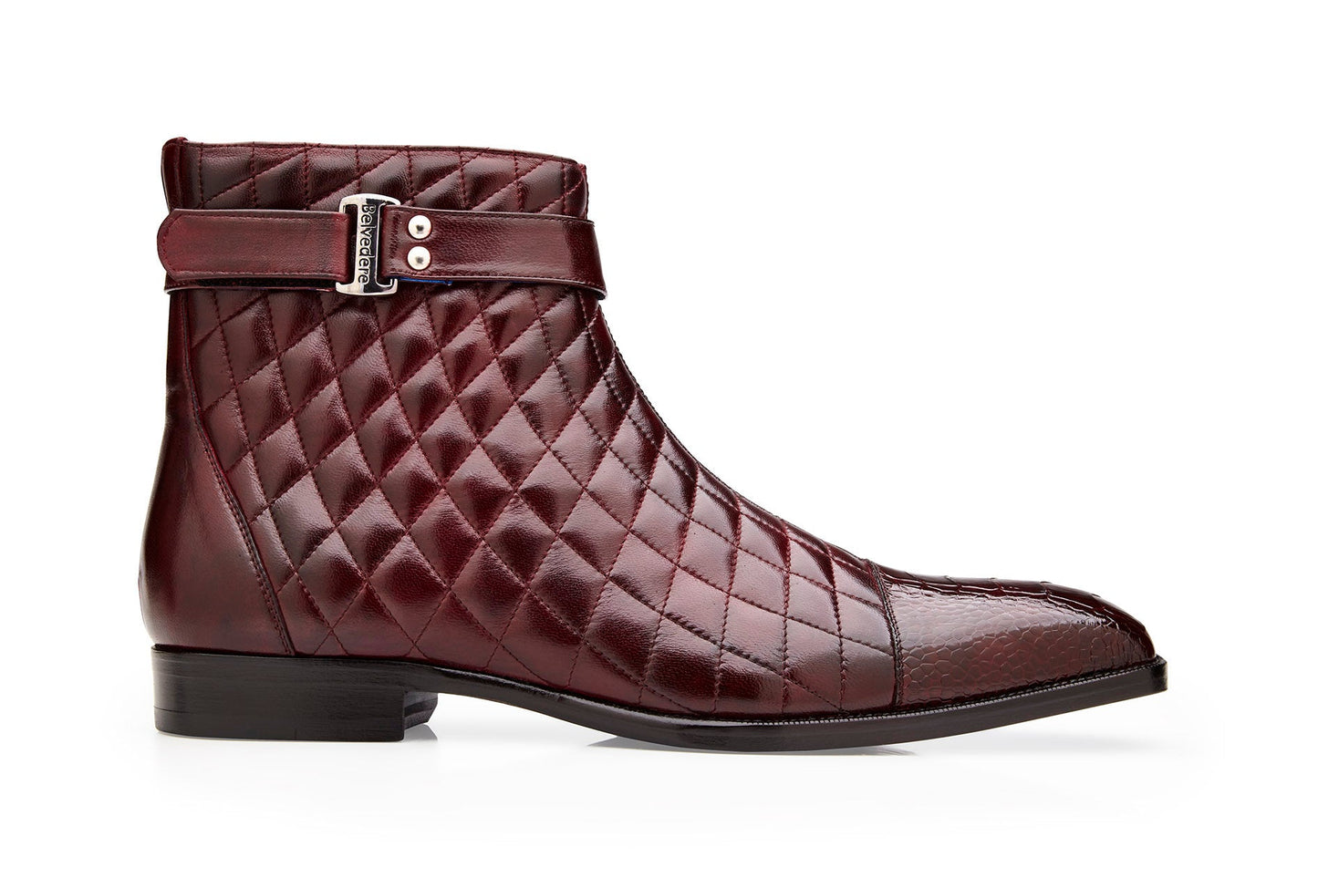 BELVEDERE Belvedere - Libero R80 boots in antique dark burgundy feature genuine ostrich leg and quilted leather, diamond pattern, ankle strap with metal buckle, flat heel, and premium leather sole. Displayed on a white background.