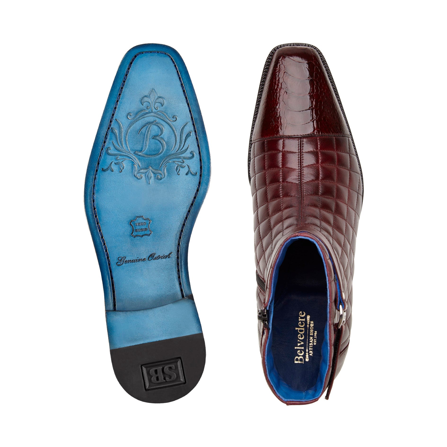BELVEDERE Belvedere - Libero R80 boots in antique dark burgundy feature genuine ostrich leg and quilted leather, diamond pattern, ankle strap with metal buckle, flat heel, and premium leather sole. Displayed on a white background.