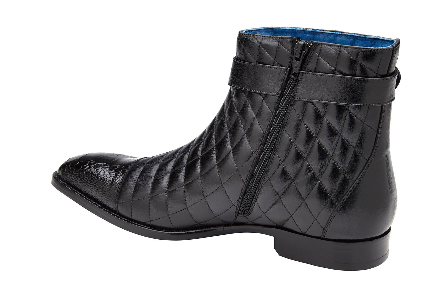 The BELVEDERE Libero boots feature genuine ostrich leg and quilted black leather, a side buckle strap, low heel, and rounded toe, offering an elegant twist on classic styles—shown from the side against a white background.