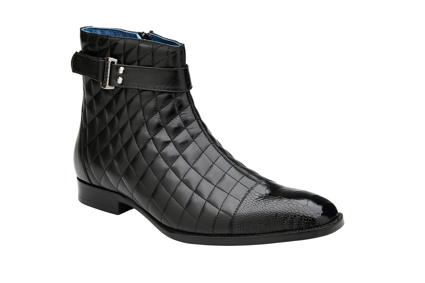 The BELVEDERE Libero boots feature genuine ostrich leg and quilted black leather, a side buckle strap, low heel, and rounded toe, offering an elegant twist on classic styles—shown from the side against a white background.