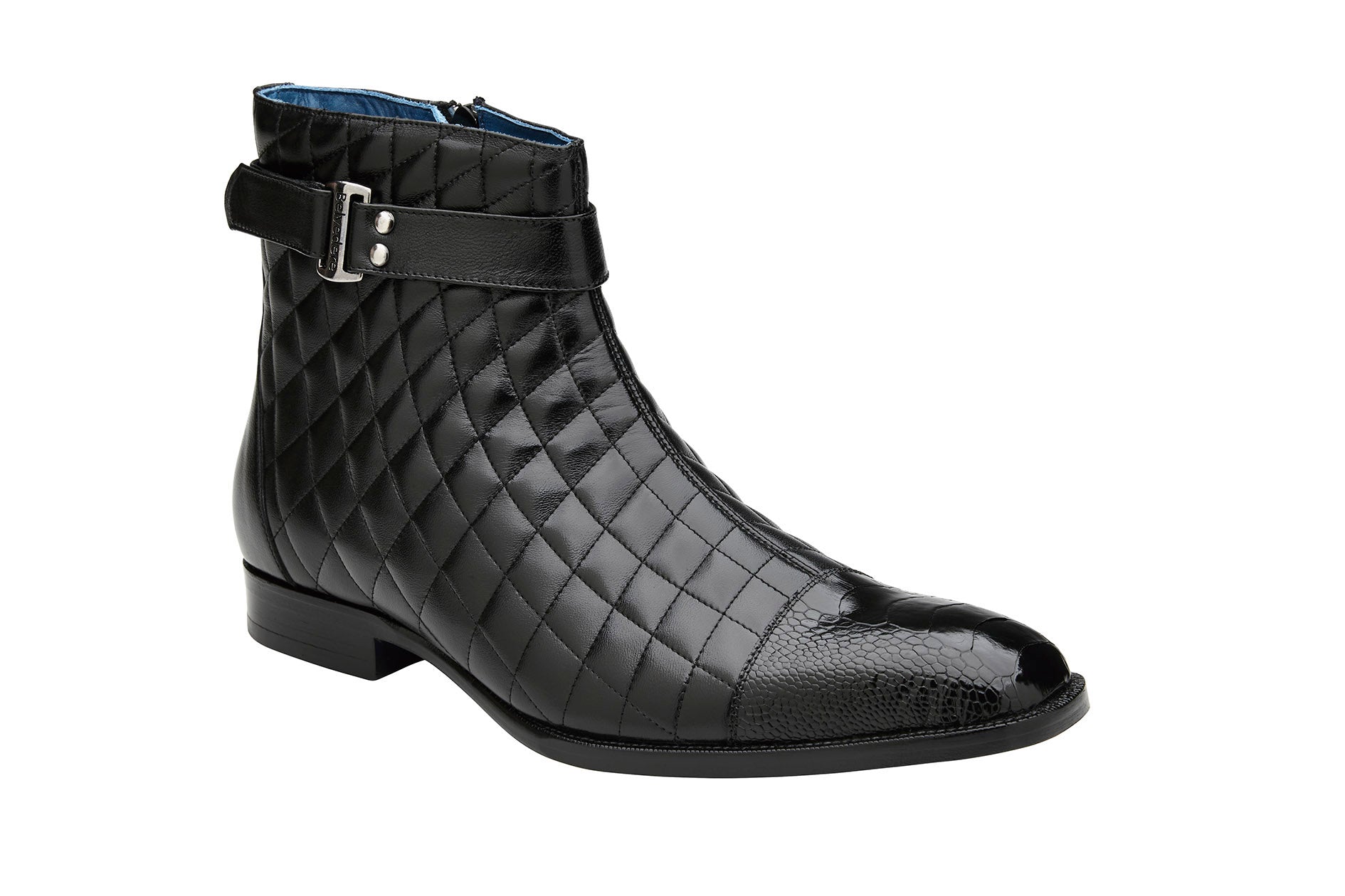 The BELVEDERE Libero boots feature genuine ostrich leg and quilted black leather, a side buckle strap, low heel, and rounded toe, offering an elegant twist on classic styles—shown from the side against a white background.