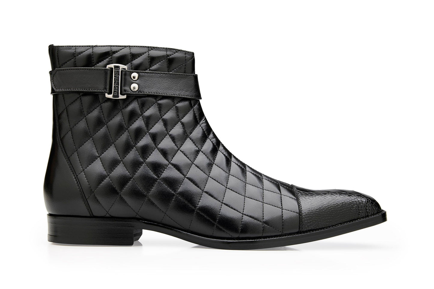 The BELVEDERE Libero boots feature genuine ostrich leg and quilted black leather, a side buckle strap, low heel, and rounded toe, offering an elegant twist on classic styles—shown from the side against a white background.