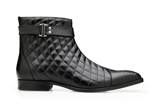 The BELVEDERE Libero boots feature genuine ostrich leg and quilted black leather, a side buckle strap, low heel, and rounded toe, offering an elegant twist on classic styles—shown from the side against a white background.