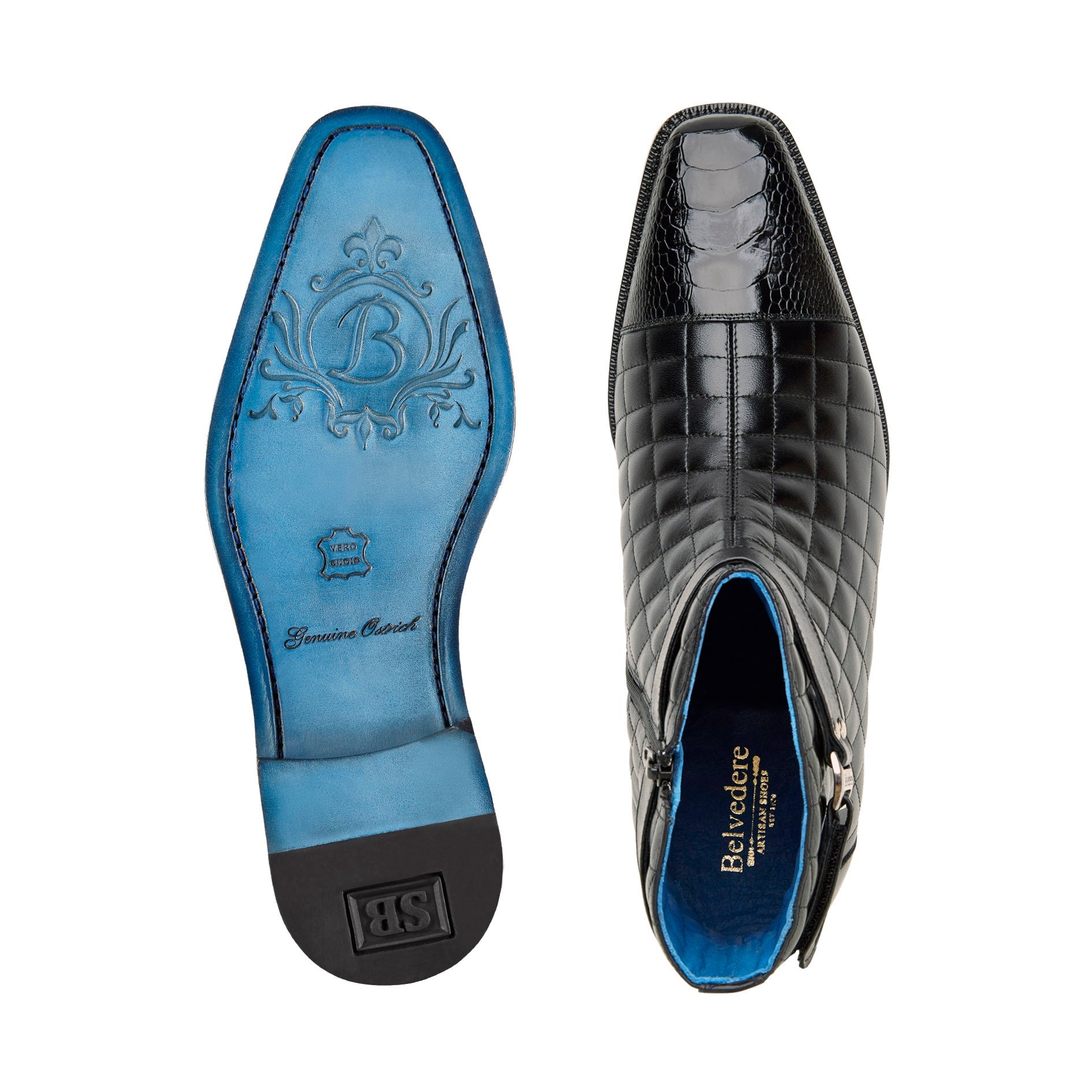 The BELVEDERE Libero boots feature genuine ostrich leg and quilted black leather, a side buckle strap, low heel, and rounded toe, offering an elegant twist on classic styles—shown from the side against a white background.