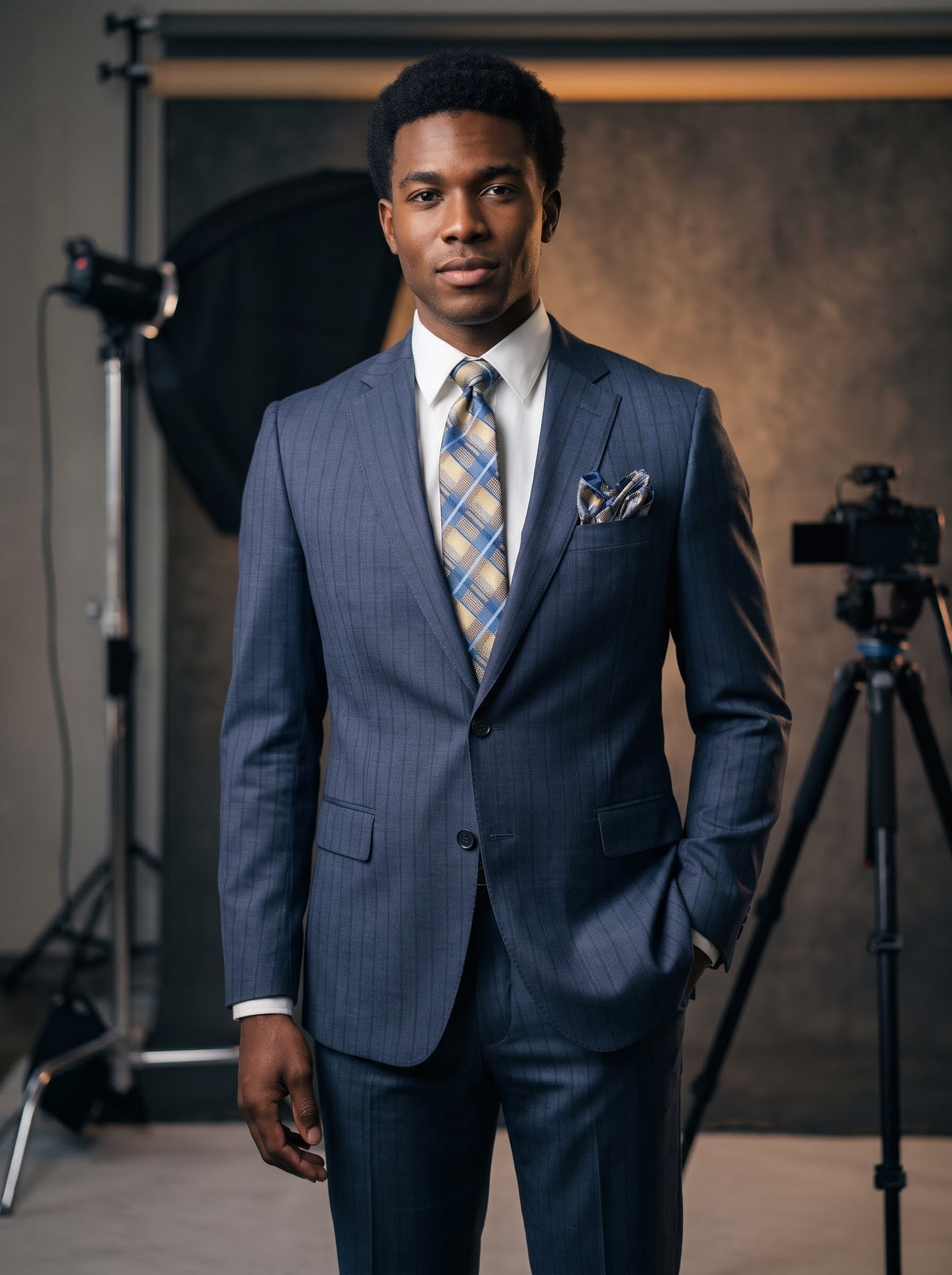 A man wearing a Tiglio Luxe Dolcetto Modern Fit Wool Suit TL8092 Navy/Black Pinstripe, a white dress shirt, and a blue and tan plaid tie with a matching pocket square.