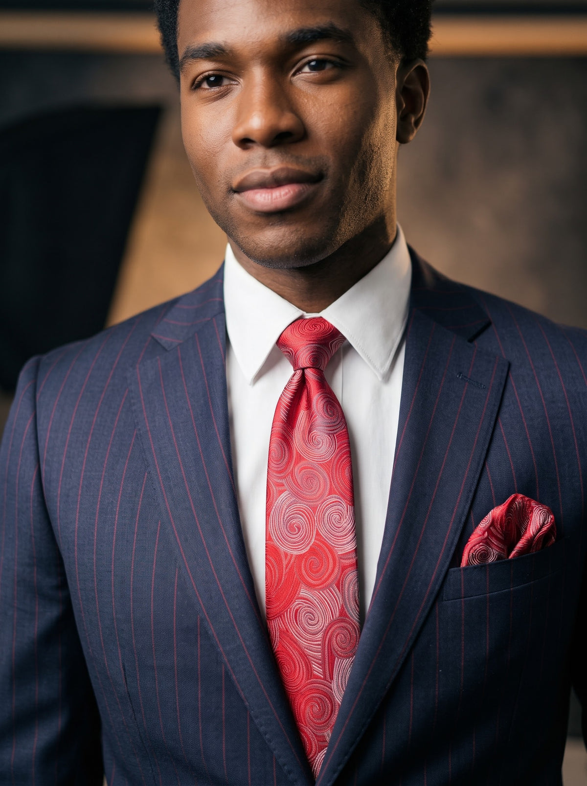 A man wears a Tiglio Luxe Dolcetto Modern Fit Wool Suit TL7017 Blue/Red Pinstripe, featuring a white dress shirt and a patterned red necktie with a matching pocket square.