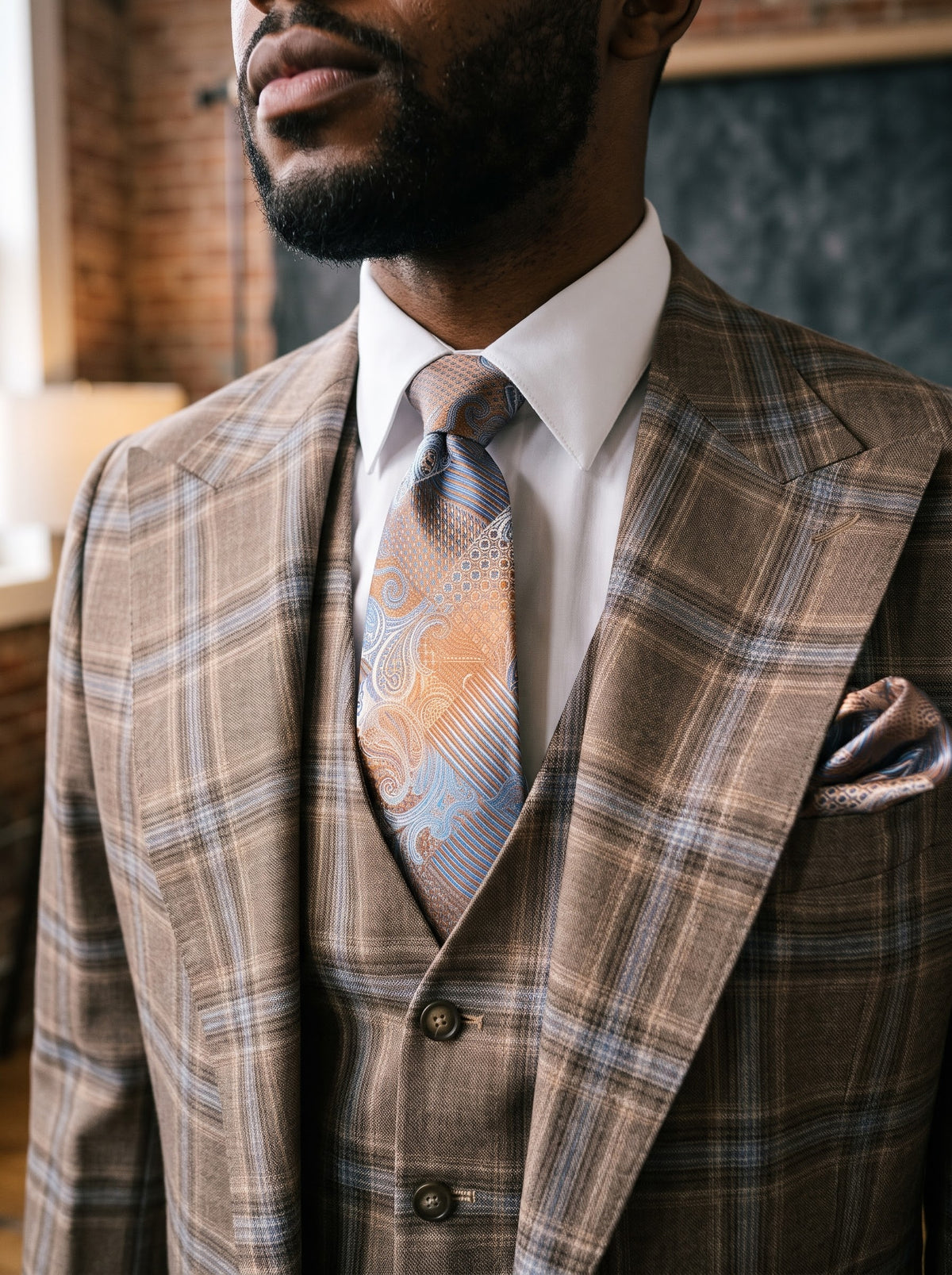 A man wearing a brown and blue plaid Tiglio Rosso Bardolino Semi Wide Leg TL26330 three-piece suit, white dress shirt, and patterned necktie.
