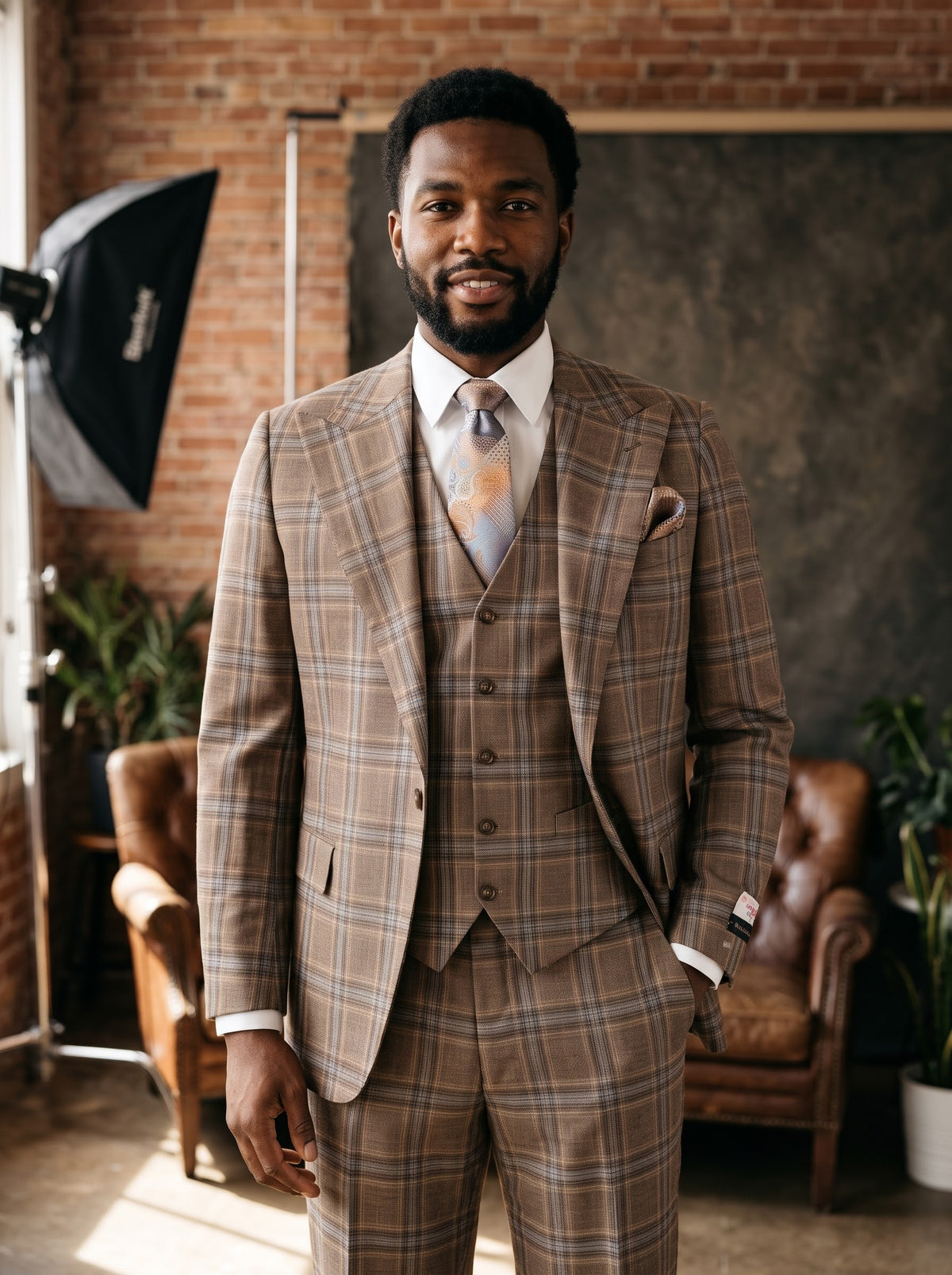 A man wearing a brown and blue plaid Tiglio Rosso Bardolino Semi Wide Leg TL26330 three-piece suit, white dress shirt, and patterned necktie.