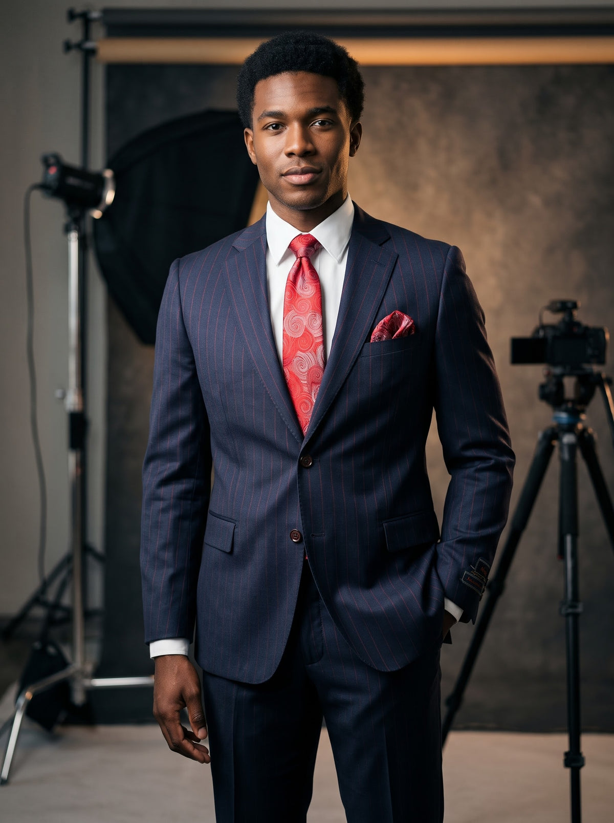 A man wears a Tiglio Luxe Dolcetto Modern Fit Wool Suit TL7017 Blue/Red Pinstripe, featuring a white dress shirt and a patterned red necktie with a matching pocket square.