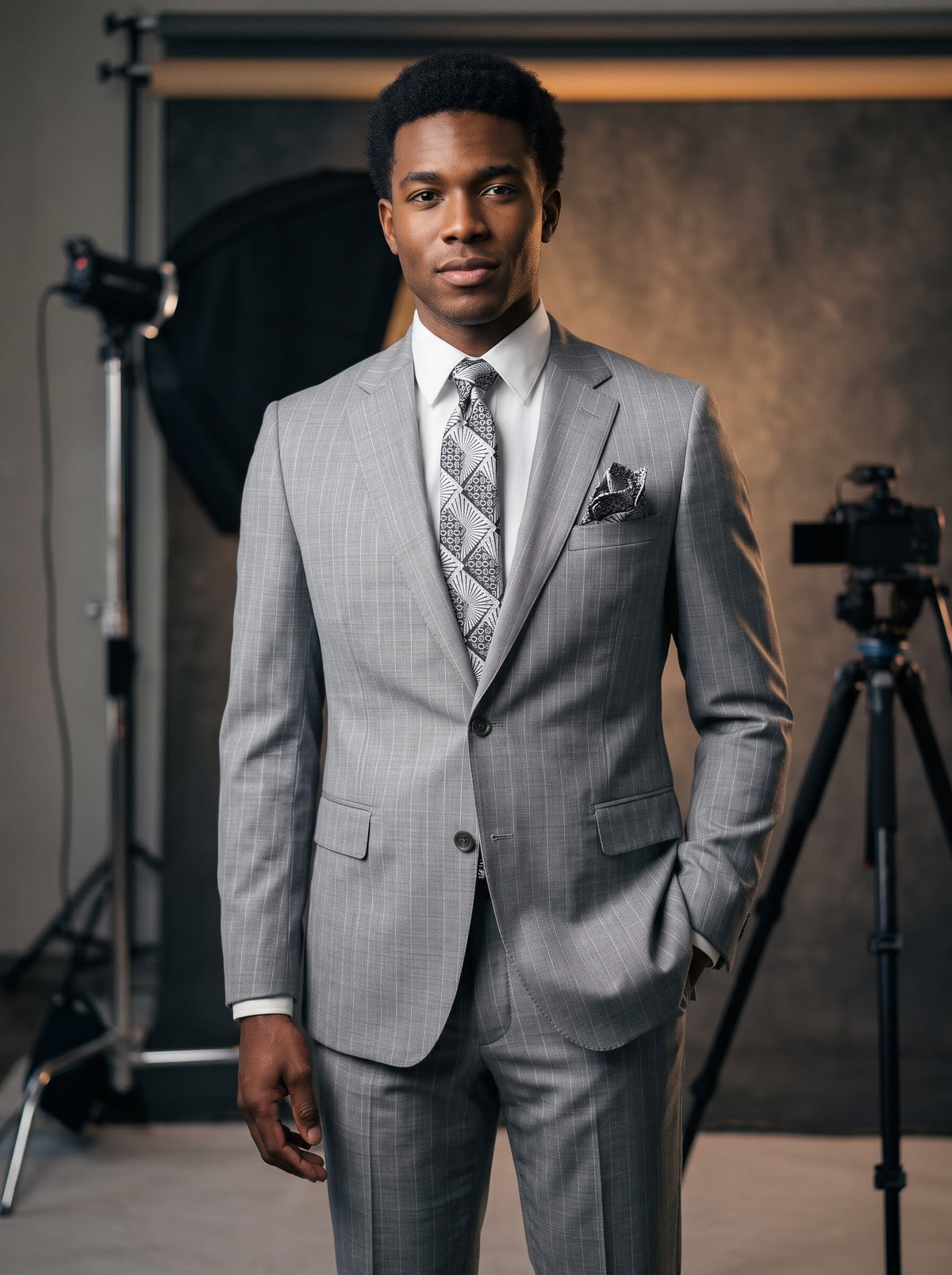 A man wearing a Tiglio Luxe Dolcetto Modern Fit Wool Suit TL26048 Grey Pinstripe, a white dress shirt, and a patterned tie with a matching pocket square.