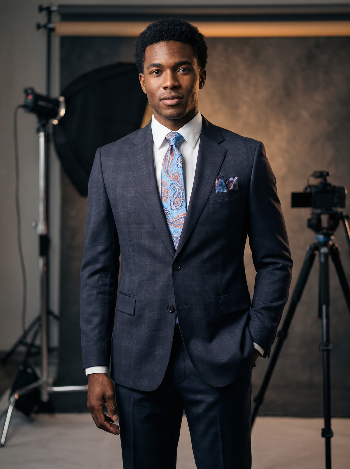 A man wears a Tiglio Luxe Capri Modern Fit Wool Suit WS8502 Navy Plaid, styled with a white shirt, paisley tie, and pocket square.