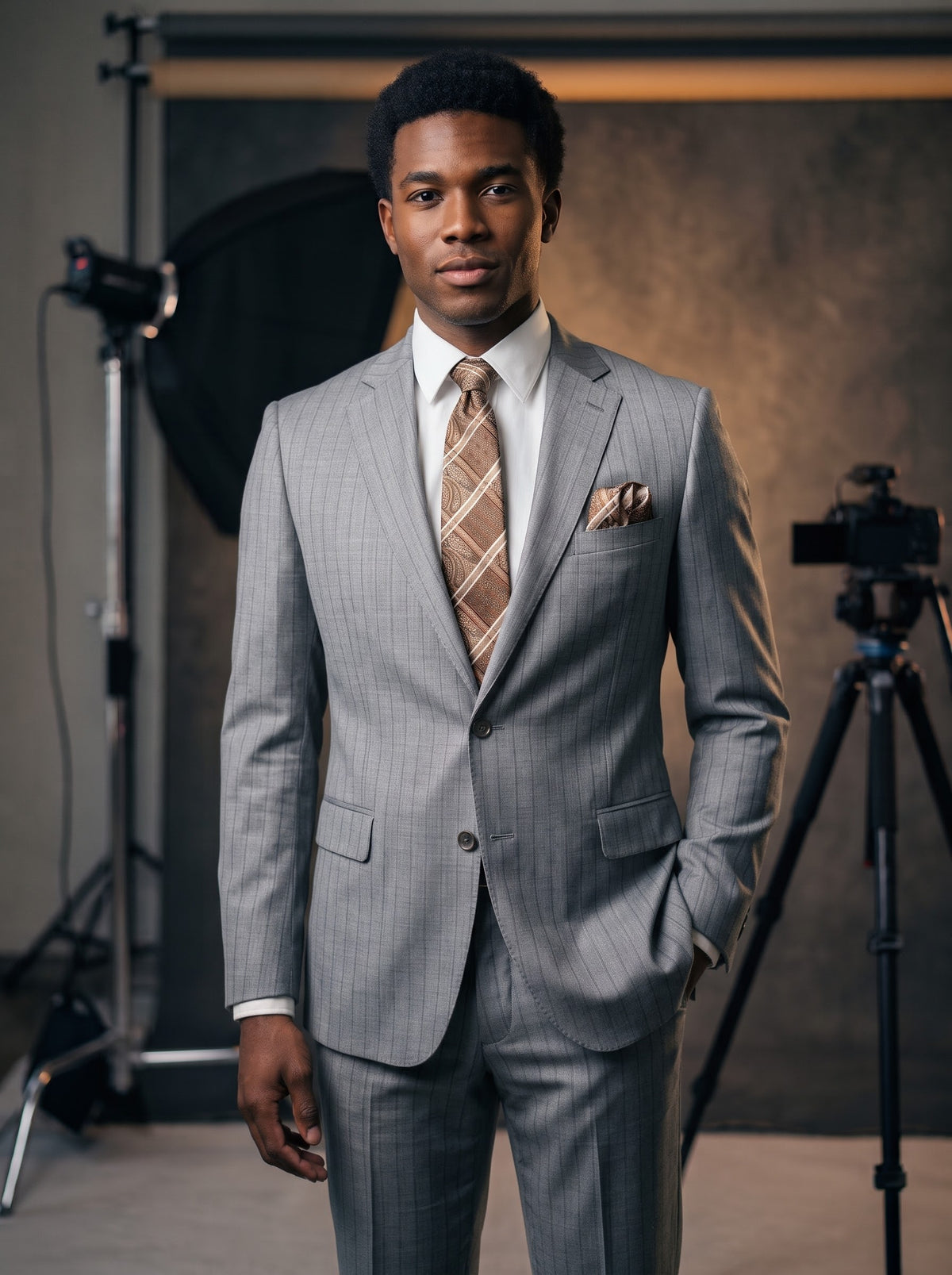 A man wears a Tiglio Luxe Dolcetto Modern Fit Wool Suit TL8093 Grey Pinstripe, styled with a white dress shirt and a tan patterned tie with a matching pocket square.
