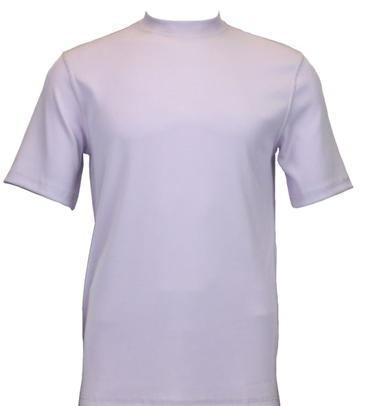 The Bassiri S/S Mock-Neck Lilac T-Shirt 218, in a calming plain lilac hue, offers comfort fit elegance against a crisp white backdrop.