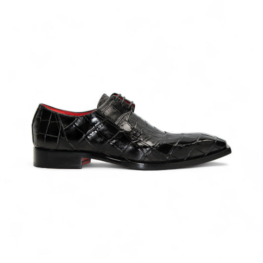 The Fennix of Italy Fennix Logan Black is a black leather dress shoe with a crocodile pattern, low heel, pointed toe, red interior detail, and sleek leather sole, highlighting Italian craftsmanship in a side profile on a white background.