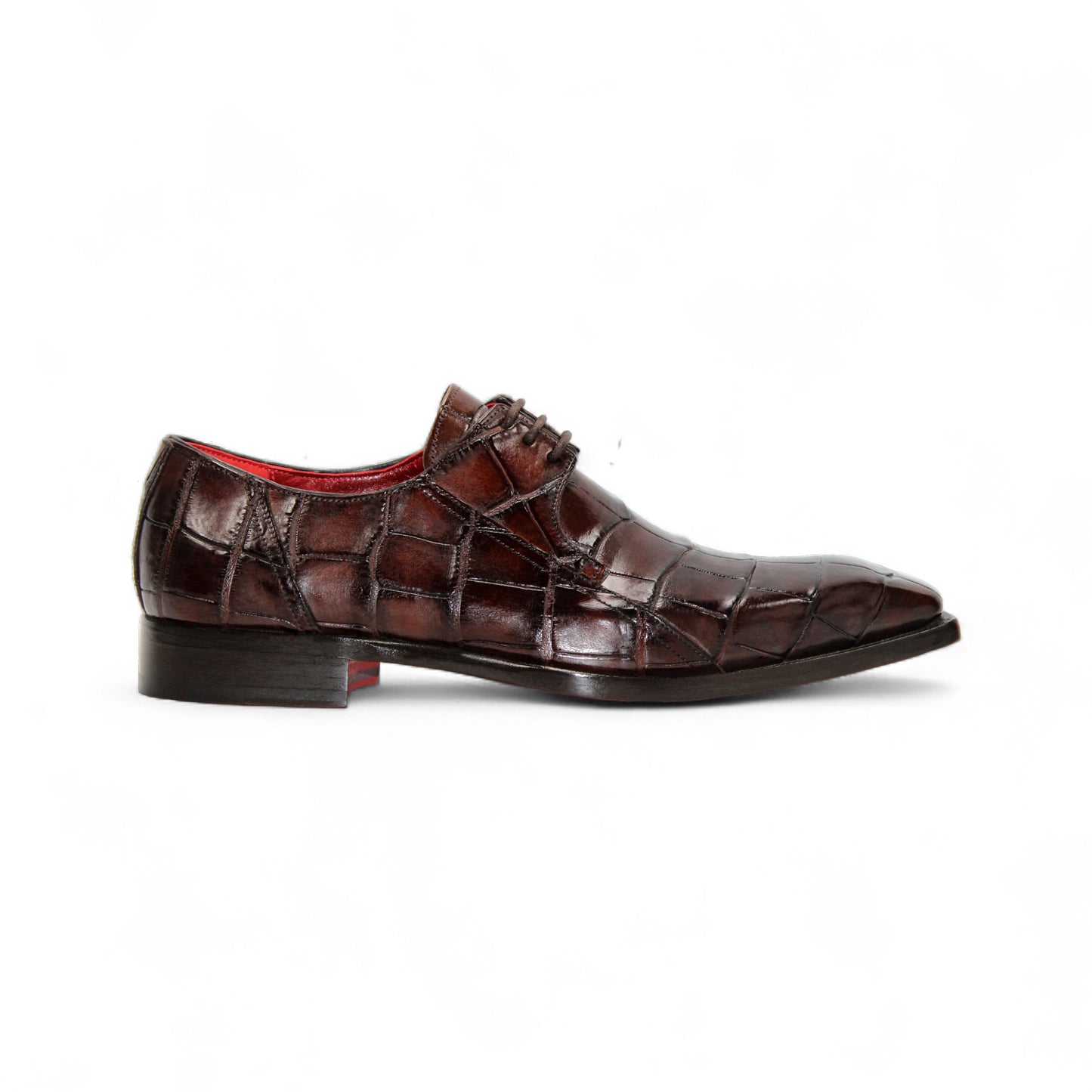 The Fennix of Italy Fennix Logan Chocolate is a luxury men's shoe in dark brown genuine alligator leather with a crocodile pattern, red interior lining, and low heel, displayed in profile on a white background.