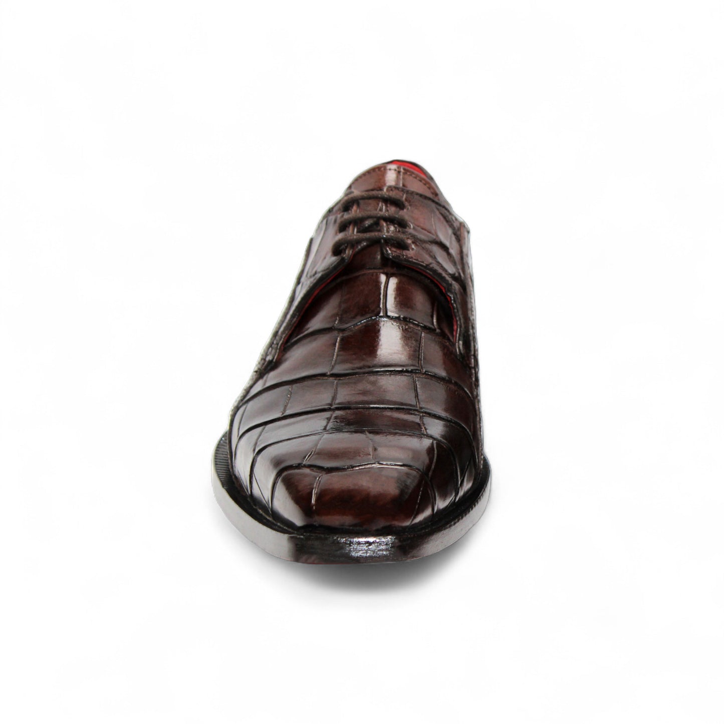 The Fennix of Italy Fennix Logan Chocolate is a luxury men's shoe in dark brown genuine alligator leather with a crocodile pattern, red interior lining, and low heel, displayed in profile on a white background.