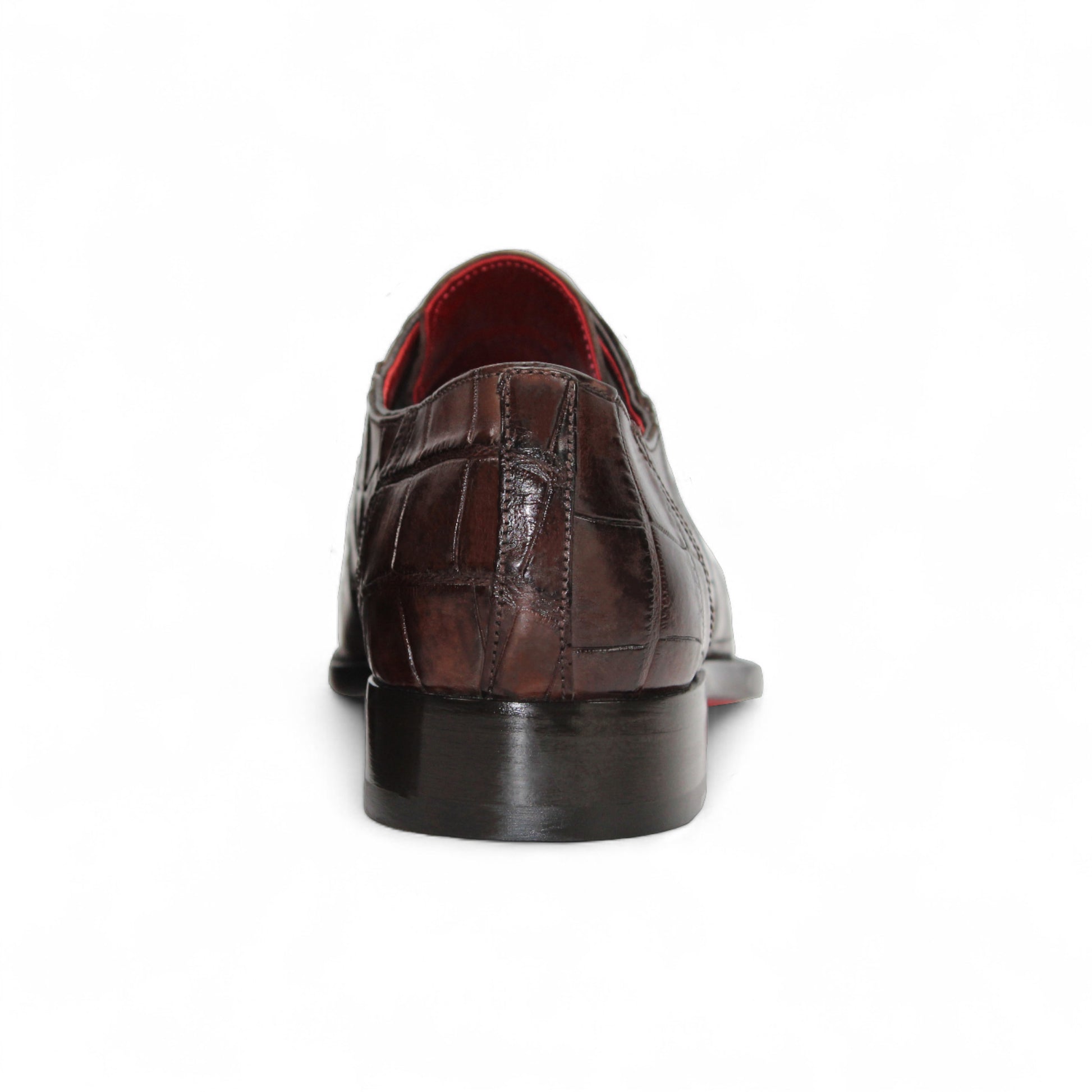 The Fennix of Italy Fennix Logan Chocolate is a luxury men's shoe in dark brown genuine alligator leather with a crocodile pattern, red interior lining, and low heel, displayed in profile on a white background.