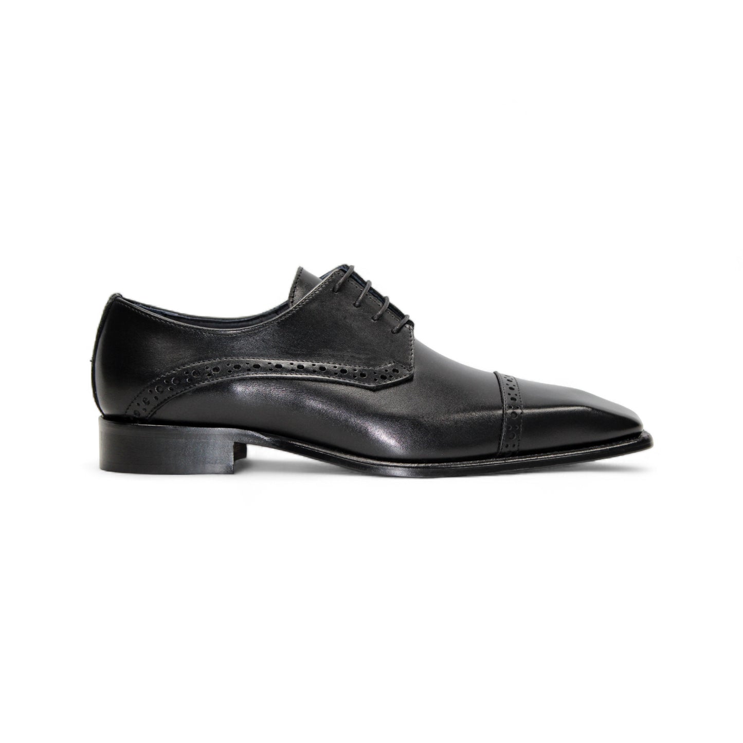 The Duca Di Matiste Duca Lombardi Black is an Italian-made leather dress shoe with brogue details, cap toe, closed lacing, low heel, and leather sole. Shown in profile on a white background.