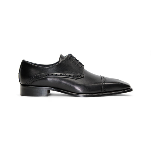 The Duca Di Matiste Duca Lombardi Black is an Italian-made leather dress shoe with brogue details, cap toe, closed lacing, low heel, and leather sole. Shown in profile on a white background.
