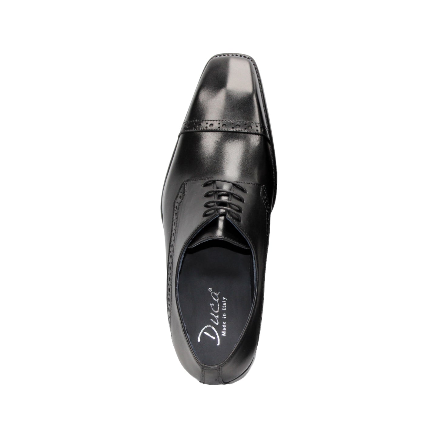 The Duca Di Matiste Duca Lombardi Black is an Italian-made leather dress shoe with brogue details, cap toe, closed lacing, low heel, and leather sole. Shown in profile on a white background.