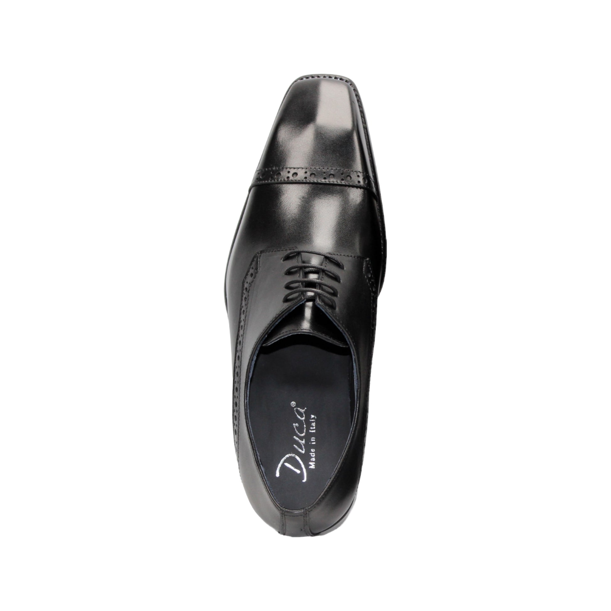 The Duca Di Matiste Duca Lombardi Black is an Italian-made leather dress shoe with brogue details, cap toe, closed lacing, low heel, and leather sole. Shown in profile on a white background.