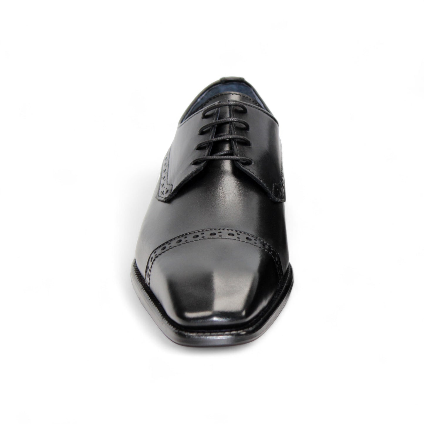 The Duca Di Matiste Duca Lombardi Black is an Italian-made leather dress shoe with brogue details, cap toe, closed lacing, low heel, and leather sole. Shown in profile on a white background.